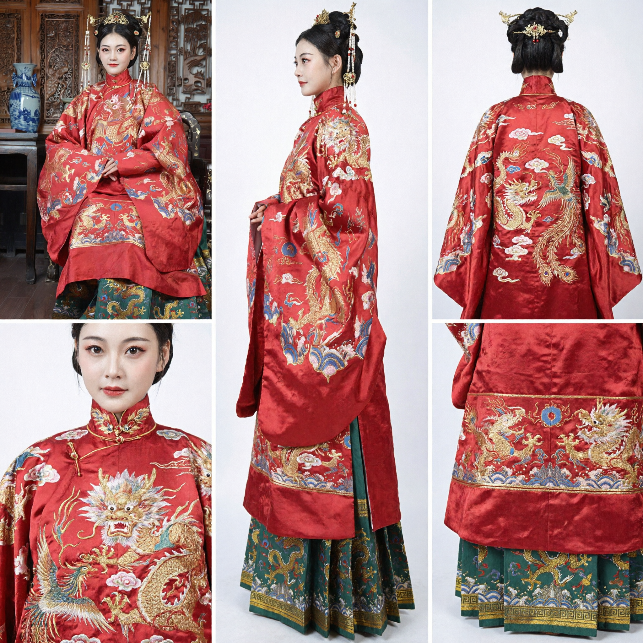 Traditional Chinese Wedding Dress Ming Dynasty Hanfu Red Dragon Embroidery Ao and Skirt Set for Bride - Asian Costume