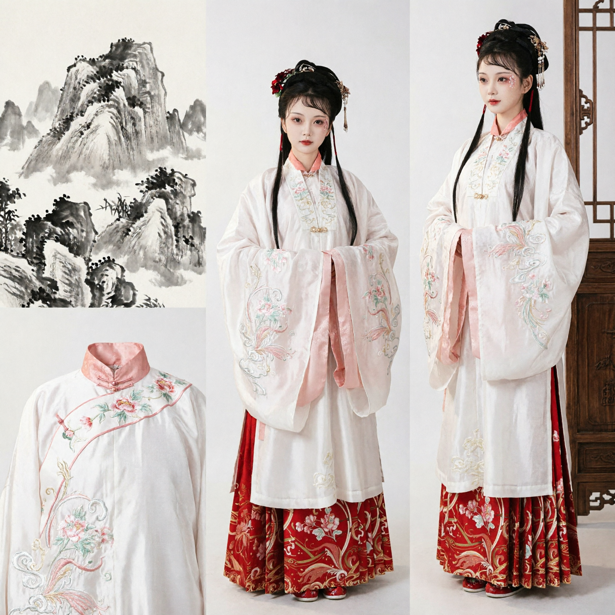 Traditional Chinese Ming Dynasty Hanfu Outfit White Floral Embroidery Jacket Red Skirt Set for Women - Asian Costume