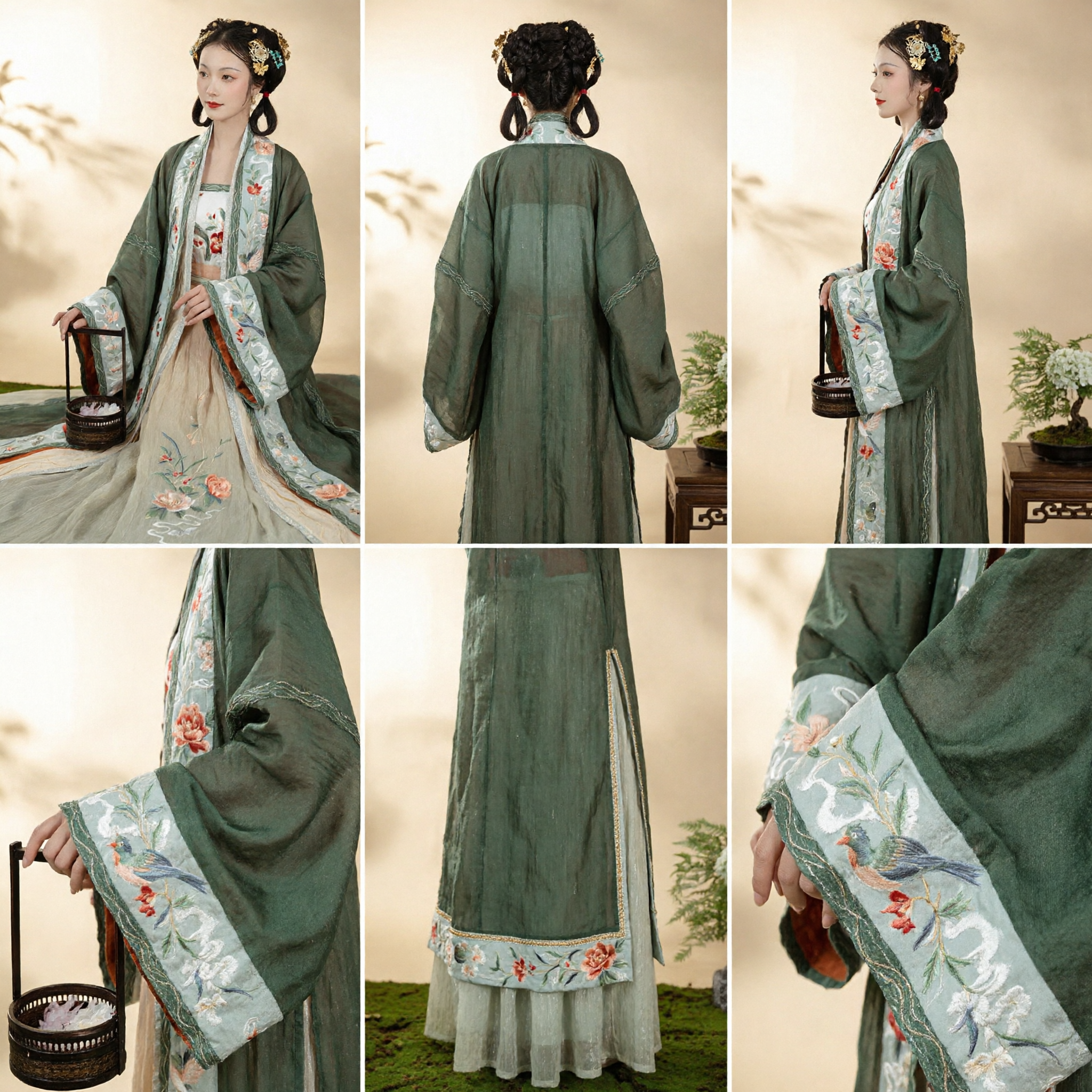 Elegant Green Song Dynasty Style Hanfu Traditional Chinese Costume Floral Embroidery Set for Women Photography and Events - Asian Costume