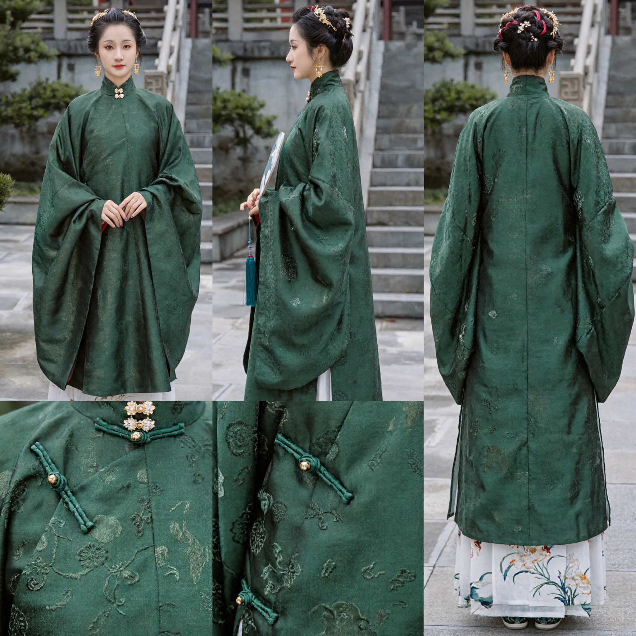 Traditional Chinese Ming Dynasty Hanfu Green Standing Collar Wide Sleeve Robe Ancient Costume for Women - Asian Costume