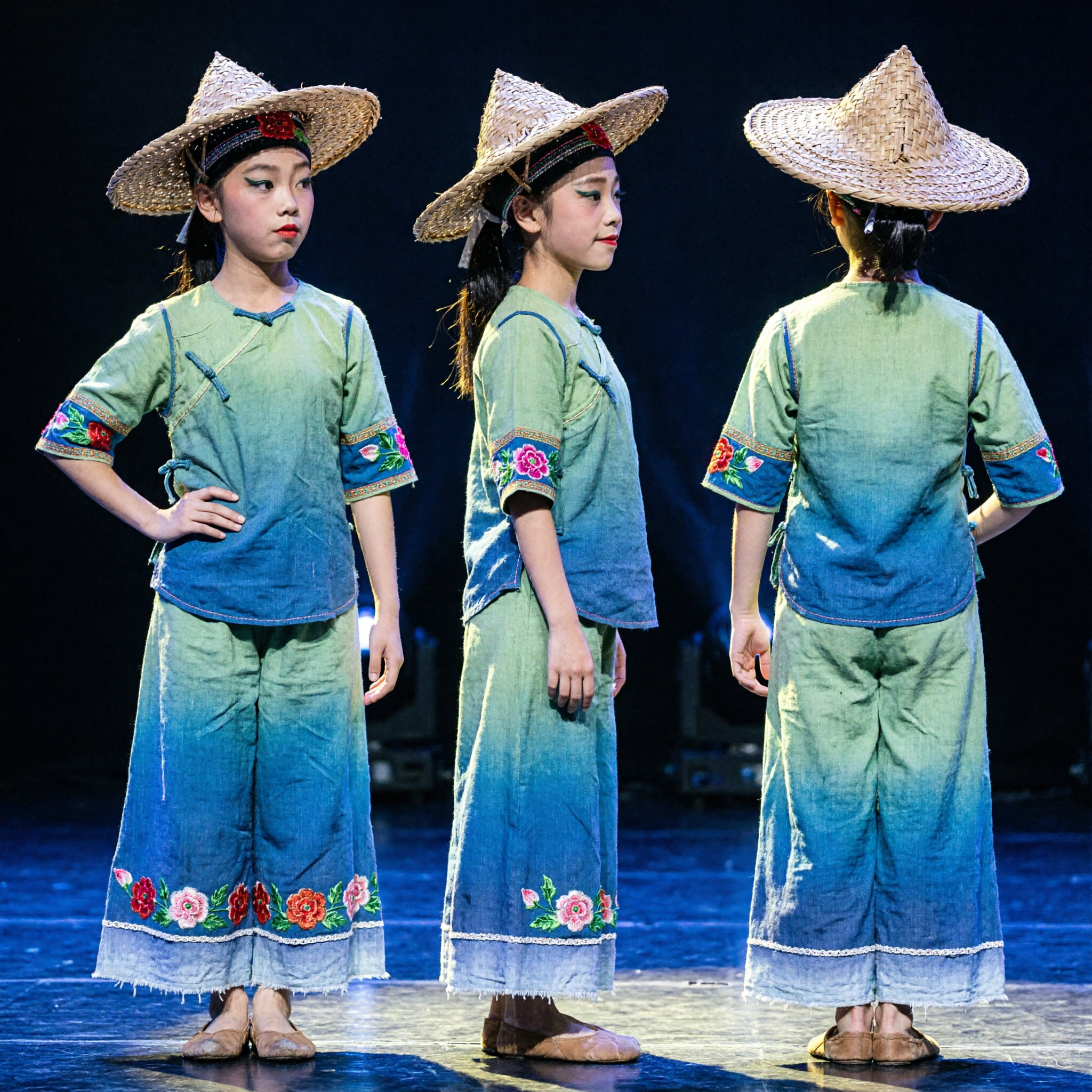 Traditional Chinese Folk Dance Costume for Girls Green Rice Farmer Outfit with Straw Hat Stage Performance - Asian Costume