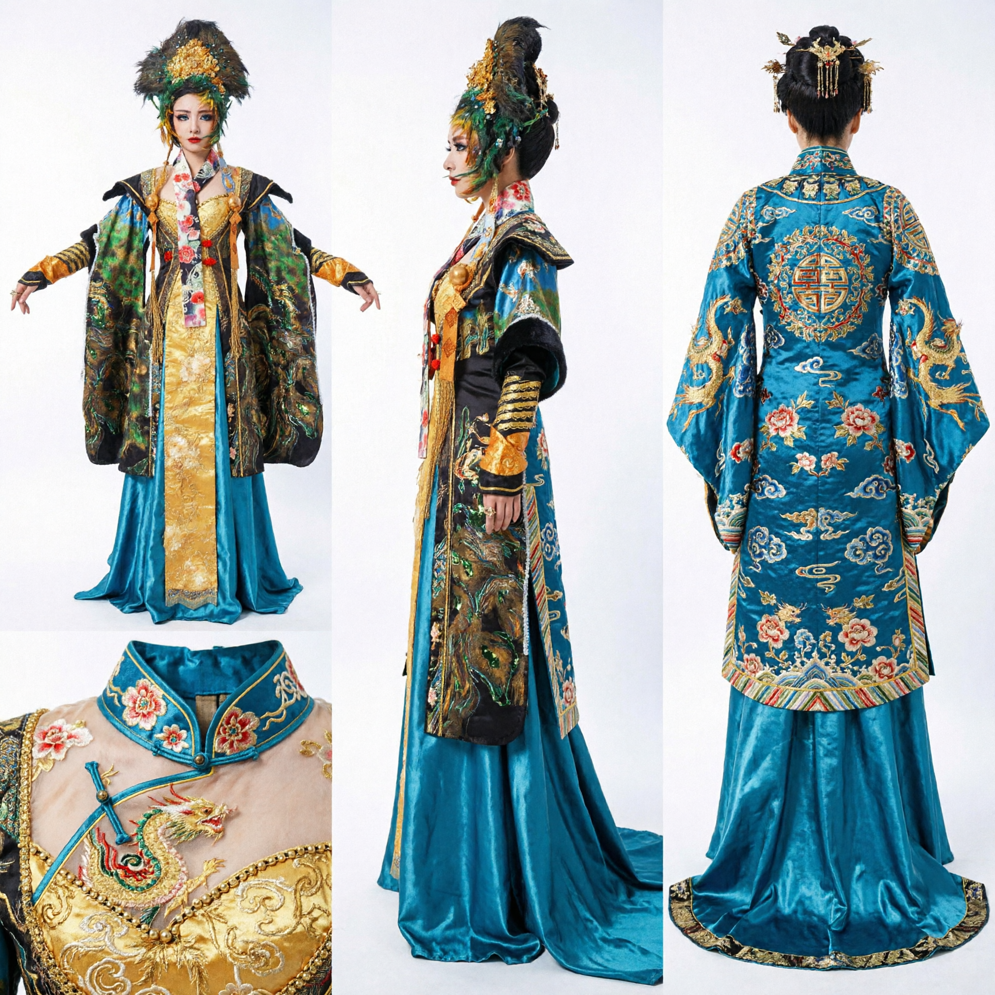 Traditional Chinese Ancient Empress Costume Peacock Phoenix Robe with Feather Headdress for Cosplay Stage Performance - Asian Costume