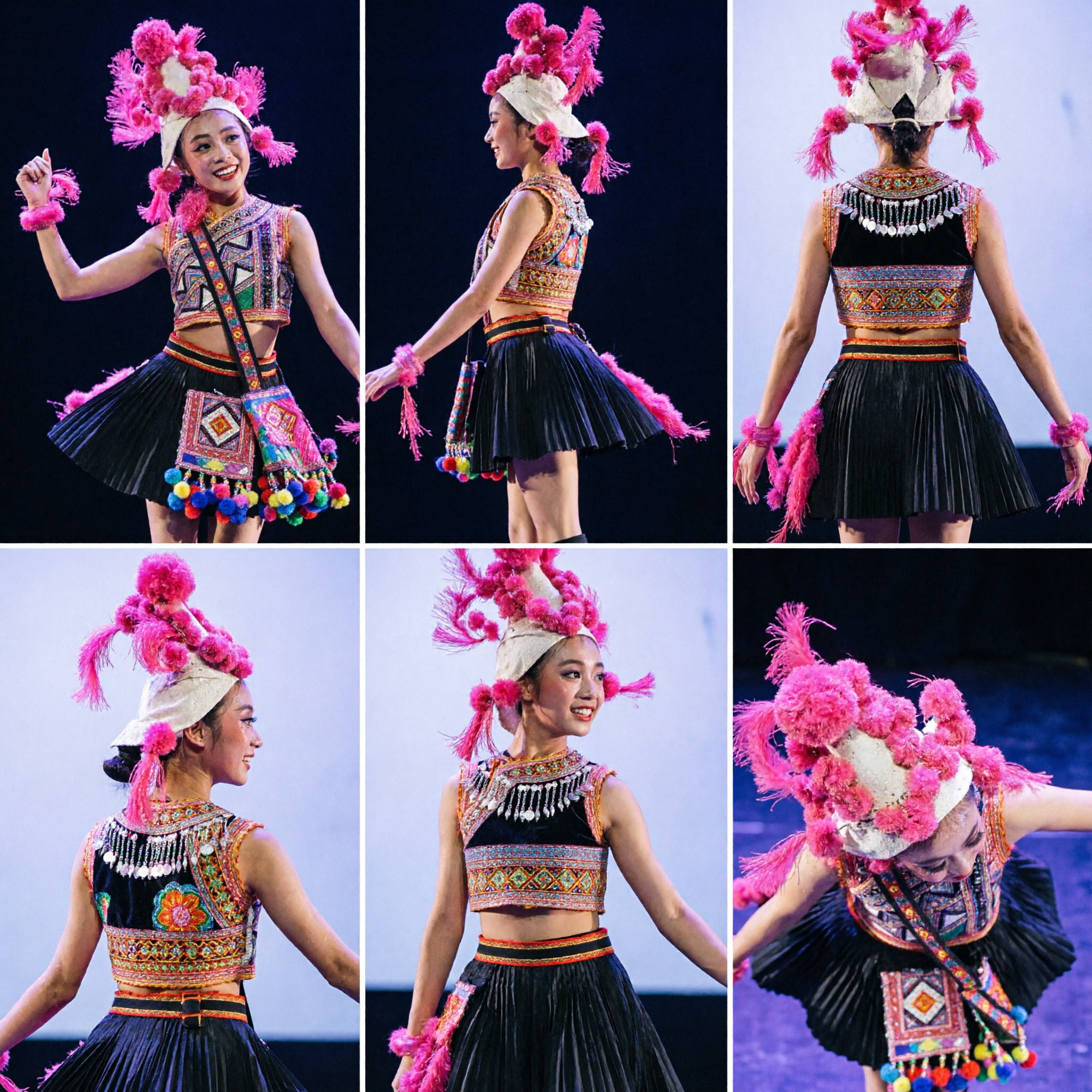 Girls Chinese Folk Dance Costume Traditional Ethnic Minority Stage Performance Outfit with Pink Floral Headpiece - Asian Costume