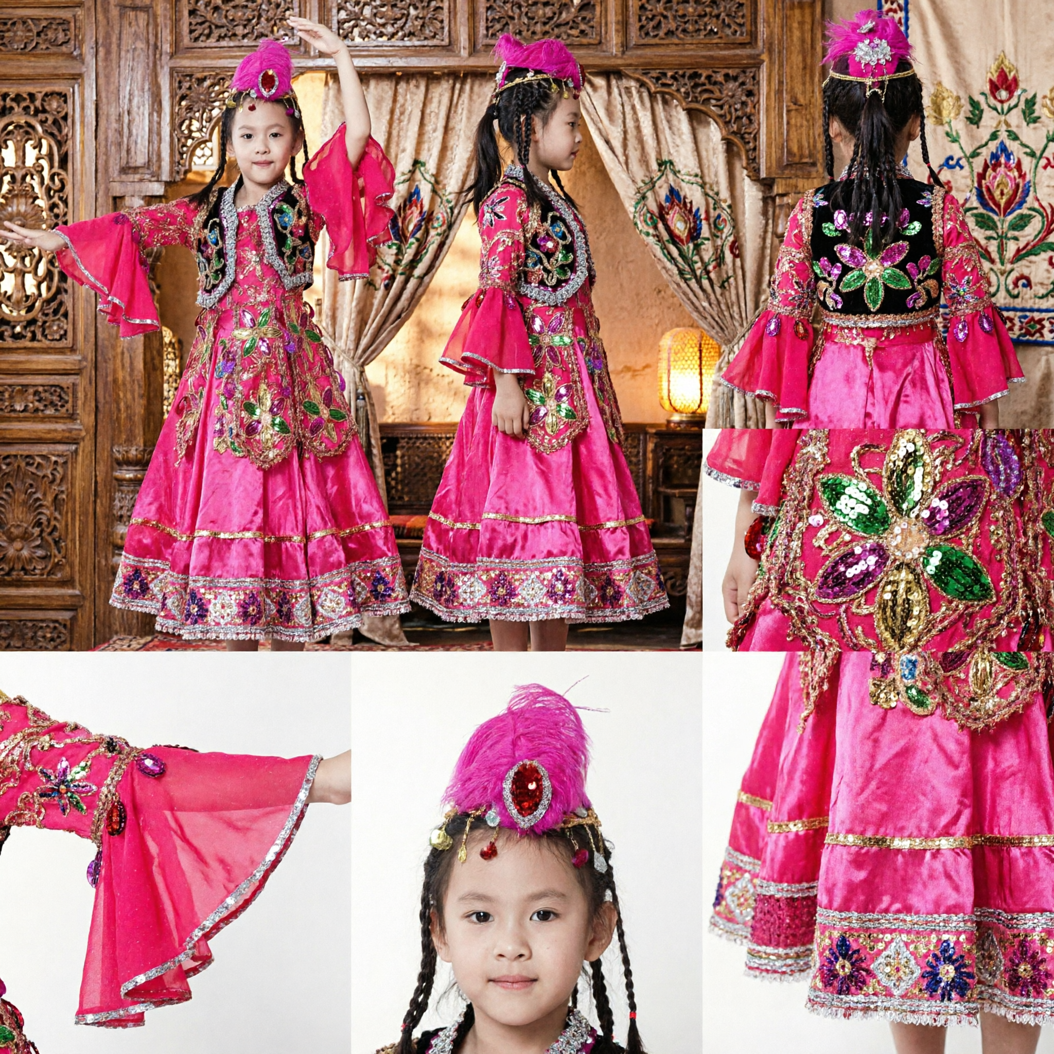 Traditional Chinese Uyghur Dance Costume for Kids Girls Pink Ethnic Minority Folk Dress Stage Performance Wear - Asian Costume