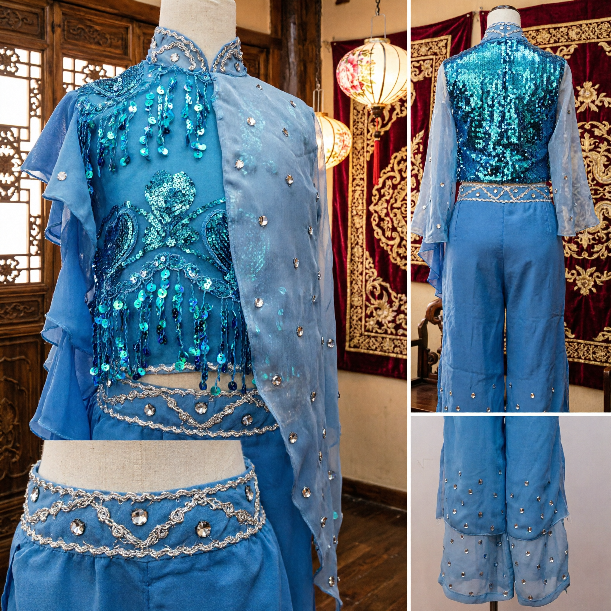 Blue Classical Chinese Dance Costume for Women Stage Performance Fan Dance Outfit with Sequins and Ruffles - Asian Costume