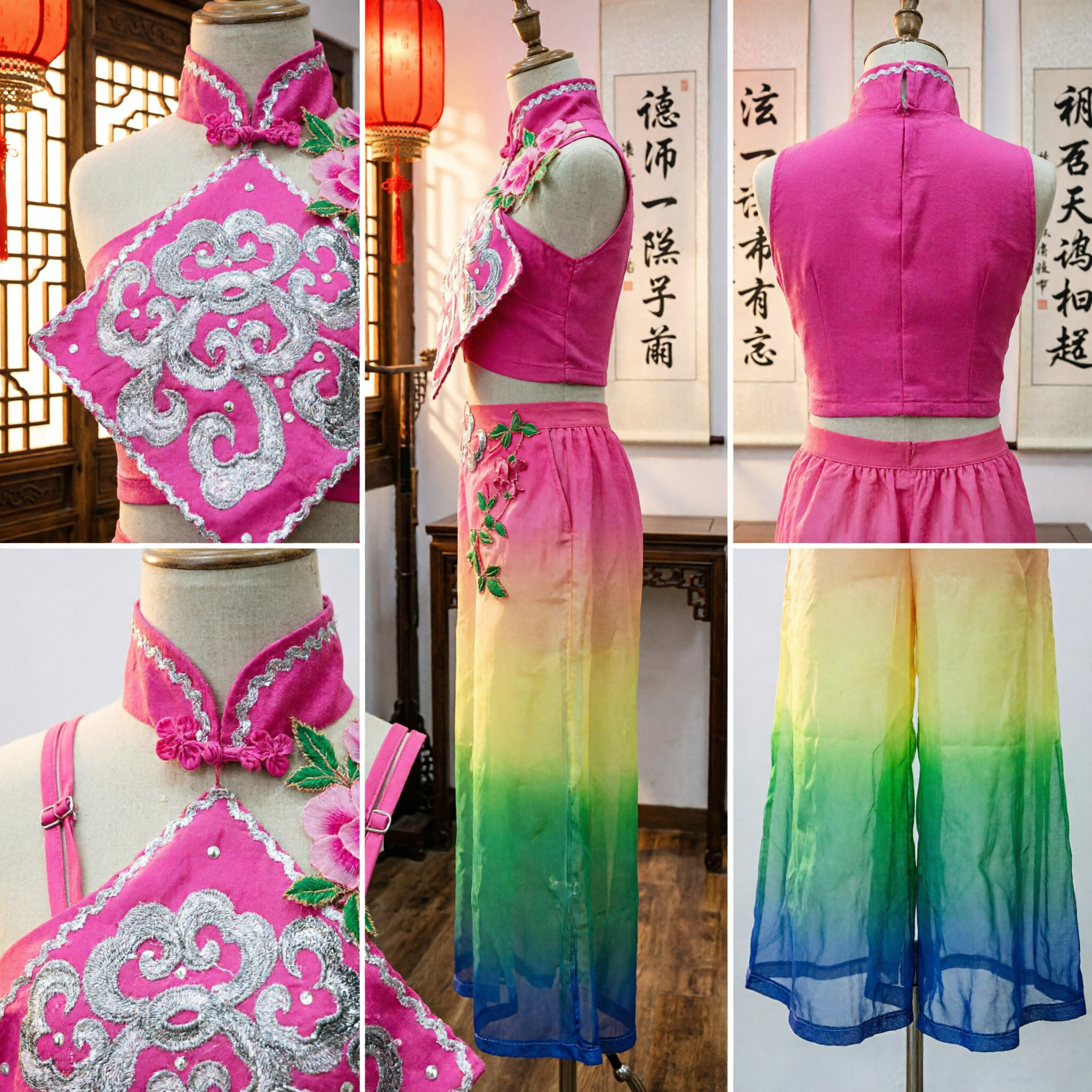 Women's Chinese Folk Dance Costume Pink Halter Top Ombre Gradient Pants Traditional Yangge Performance Outfit - Asian Costume