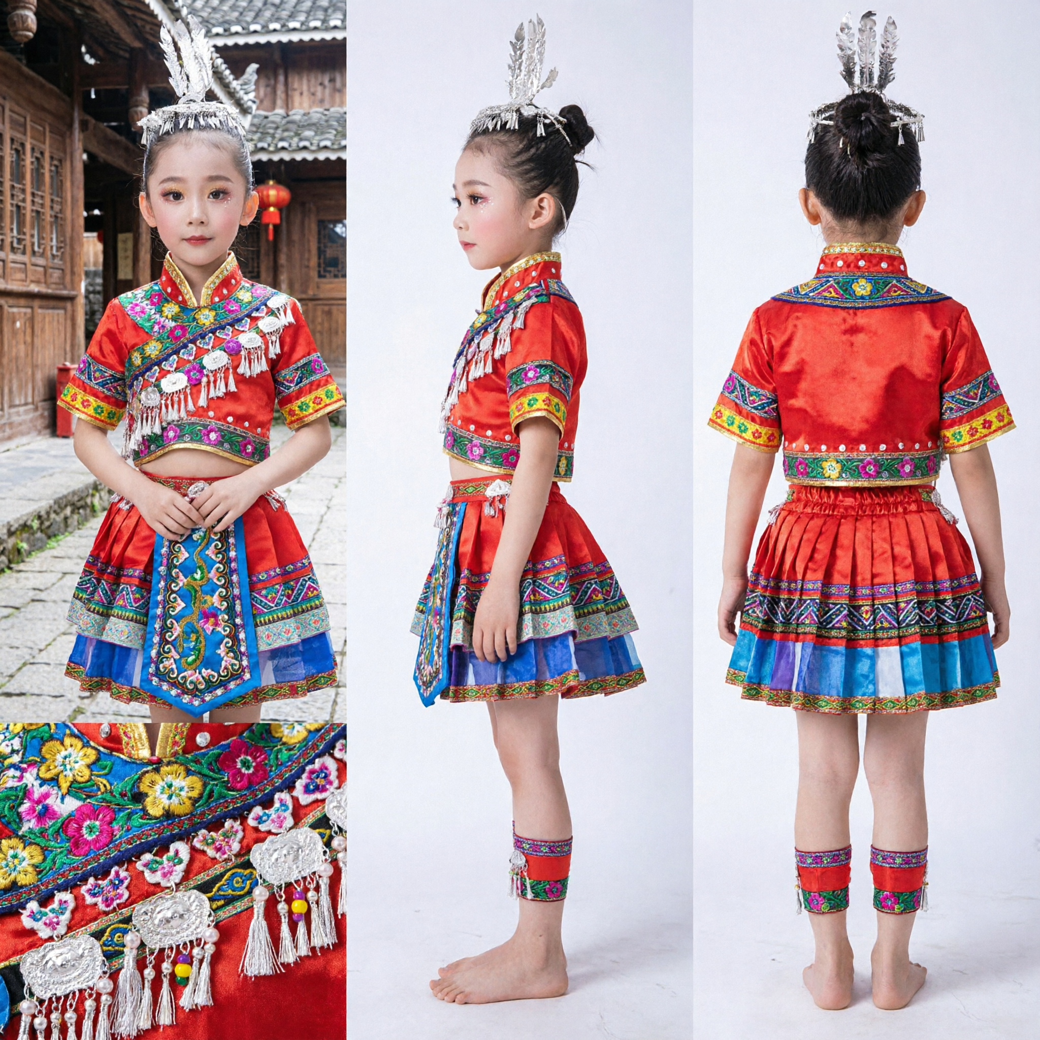 Kids Chinese Miao Ethnic Dance Costume Traditional Red Embroidered Dress for Girls Folk Stage Performance - Asian Costume