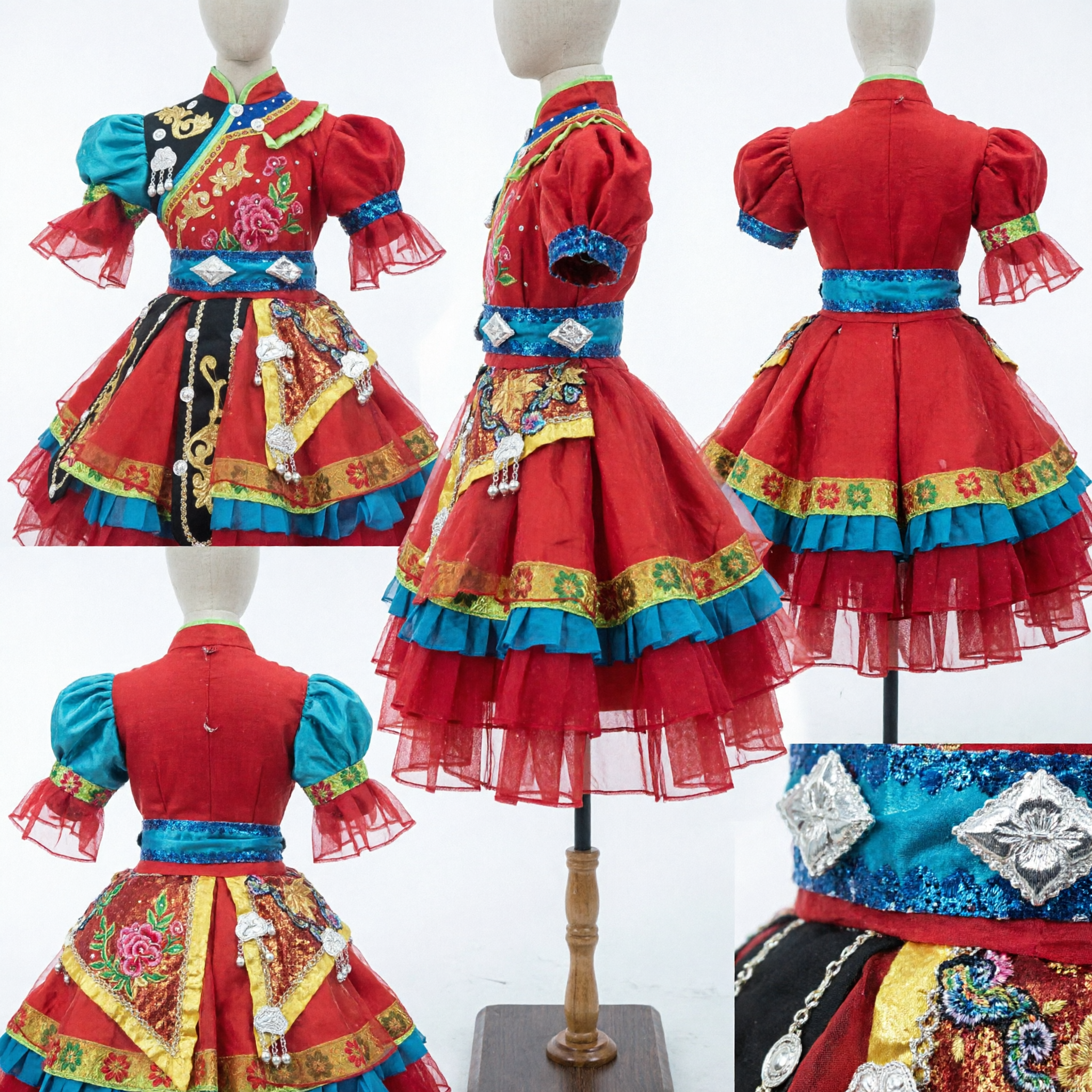 Vibrant Red Chinese Ethnic Minority Dance Costume Embroidered Yi Nationality Stage Performance Dress for Women - Asian Costume