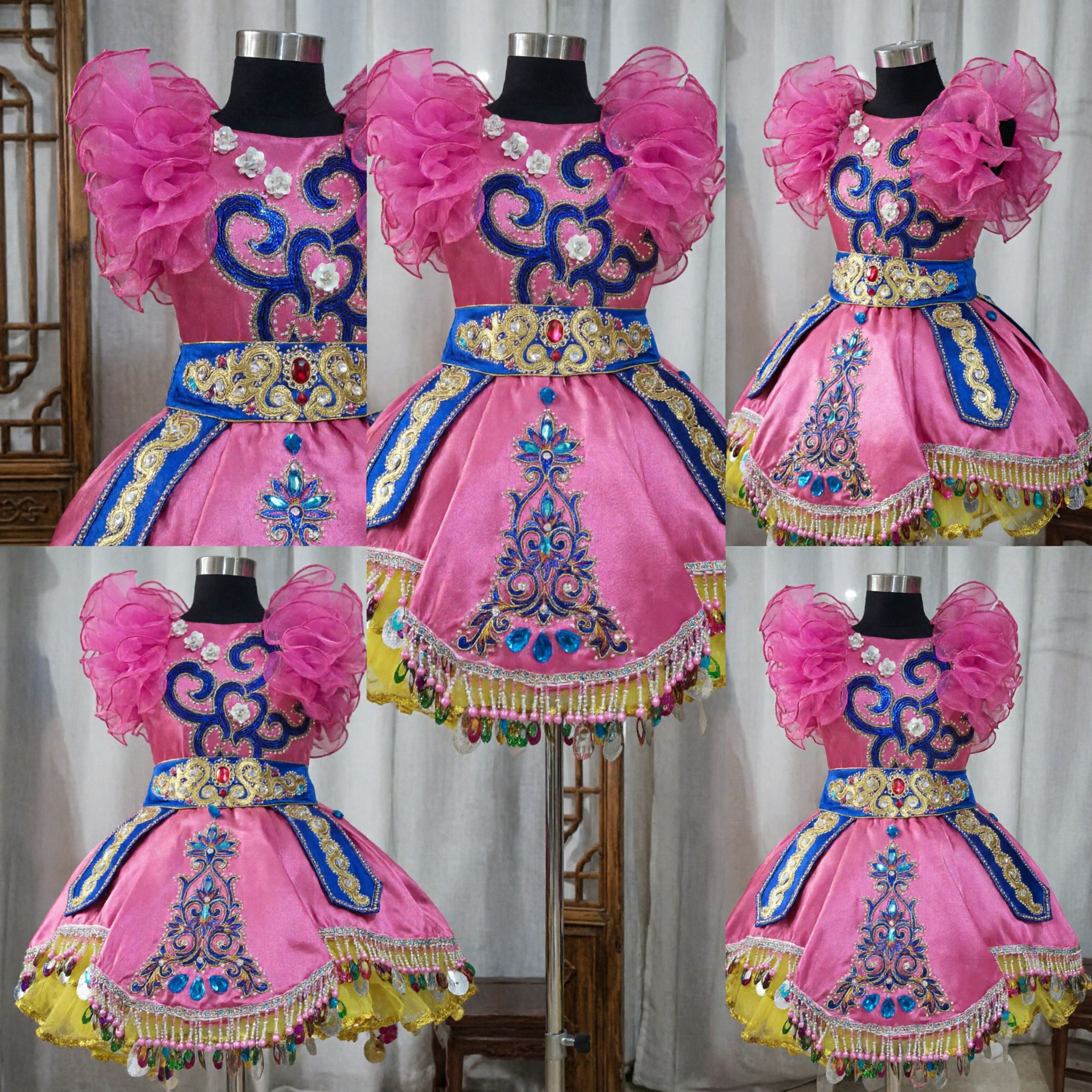 Vibrant Pink Chinese Ethnic Dance Costume Traditional Embroidery Stage Performance Dress with Beads for Women - Asian Costume