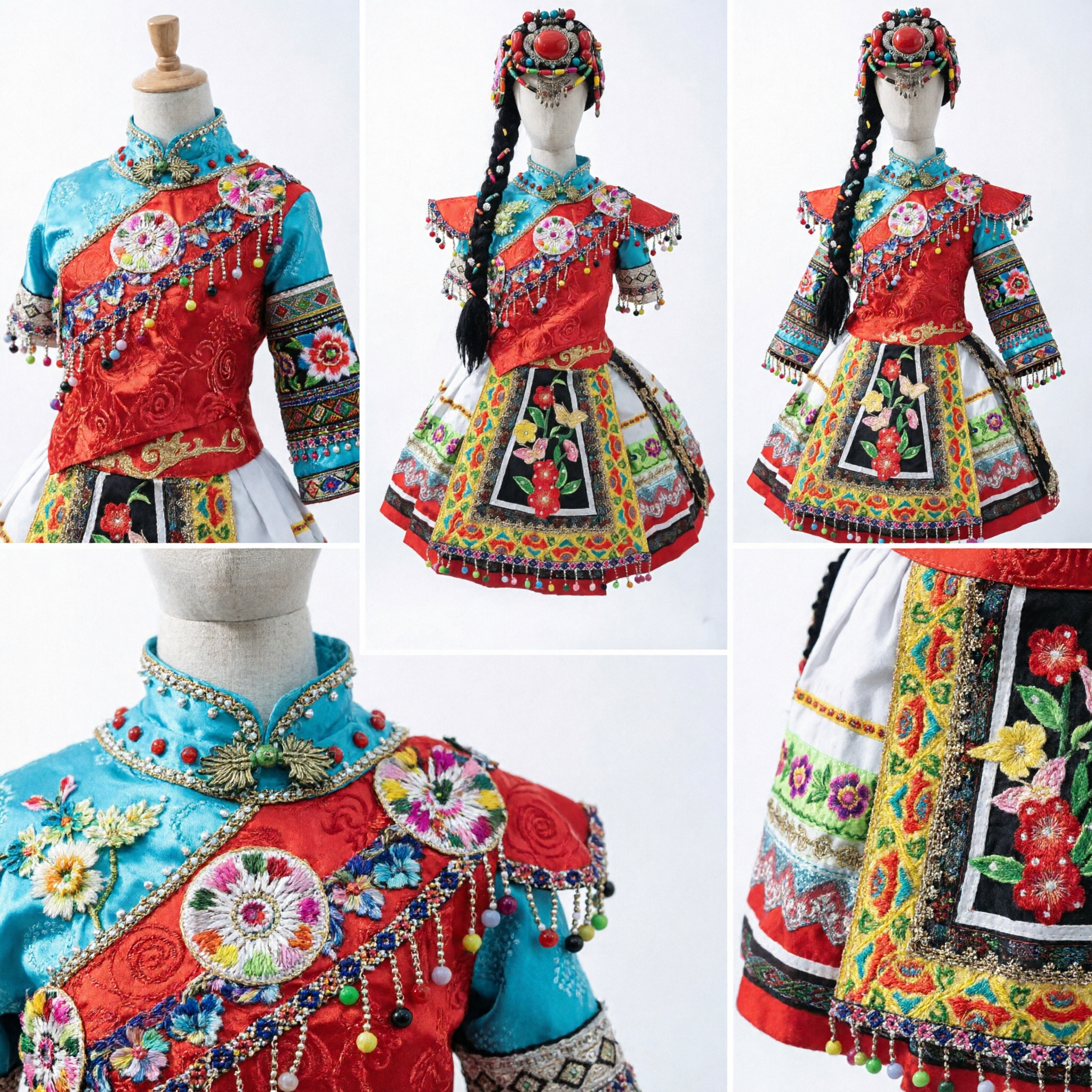 Traditional Chinese Miao Ethnic Minority Costume Complete Set with Elaborate Headdress for Folk Dance Performance - Asian Costume