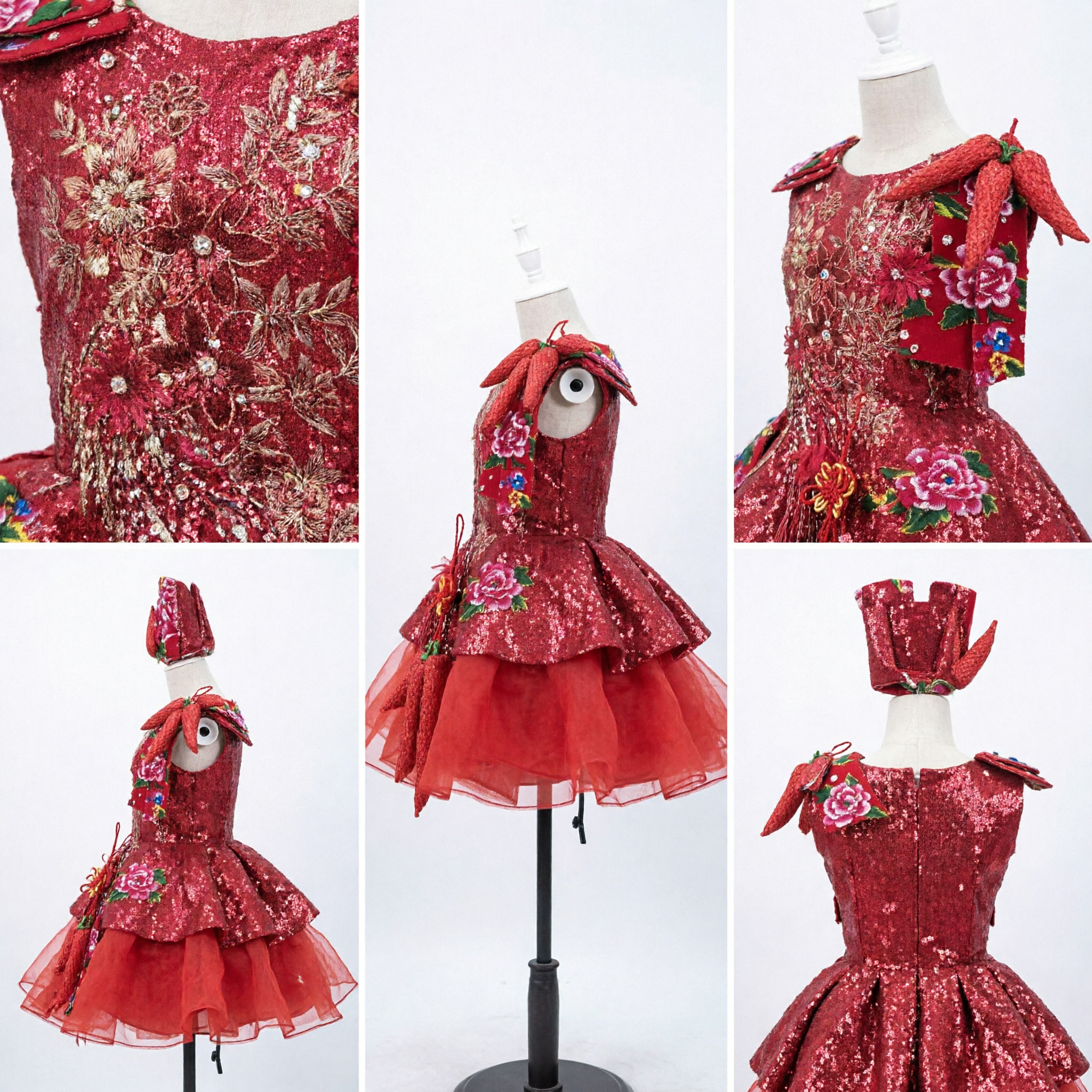 Children's Chinese Folk Dance Costume Red Peony Floral Yangge Dress Stage Performance Outfit with Headpiece for Girls - Asian Costume