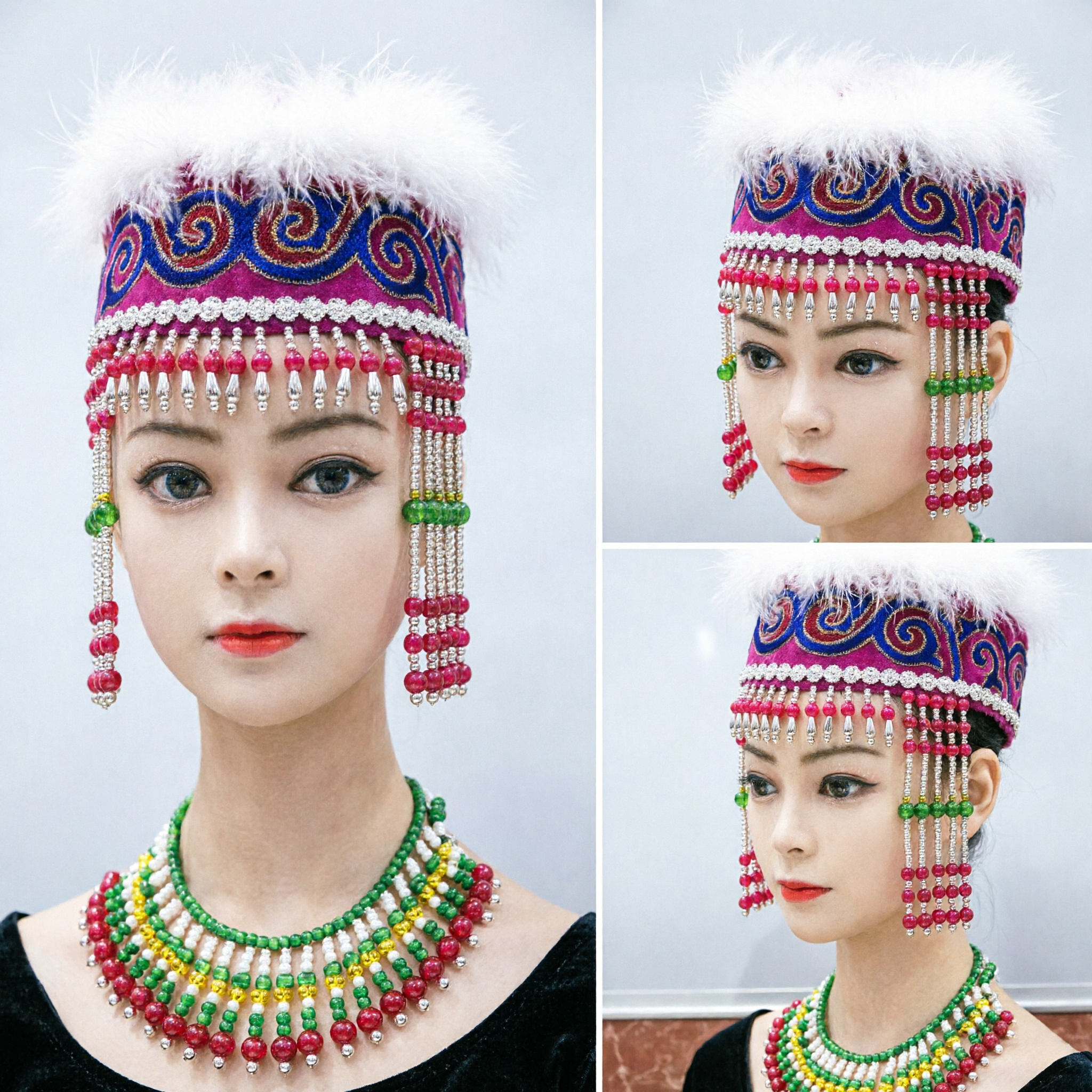 Traditional Chinese Miao Ethnic Minority Pink Embroidery Feather Hat Silver Beaded Headdress for Women Dance Performance - Asian Costume