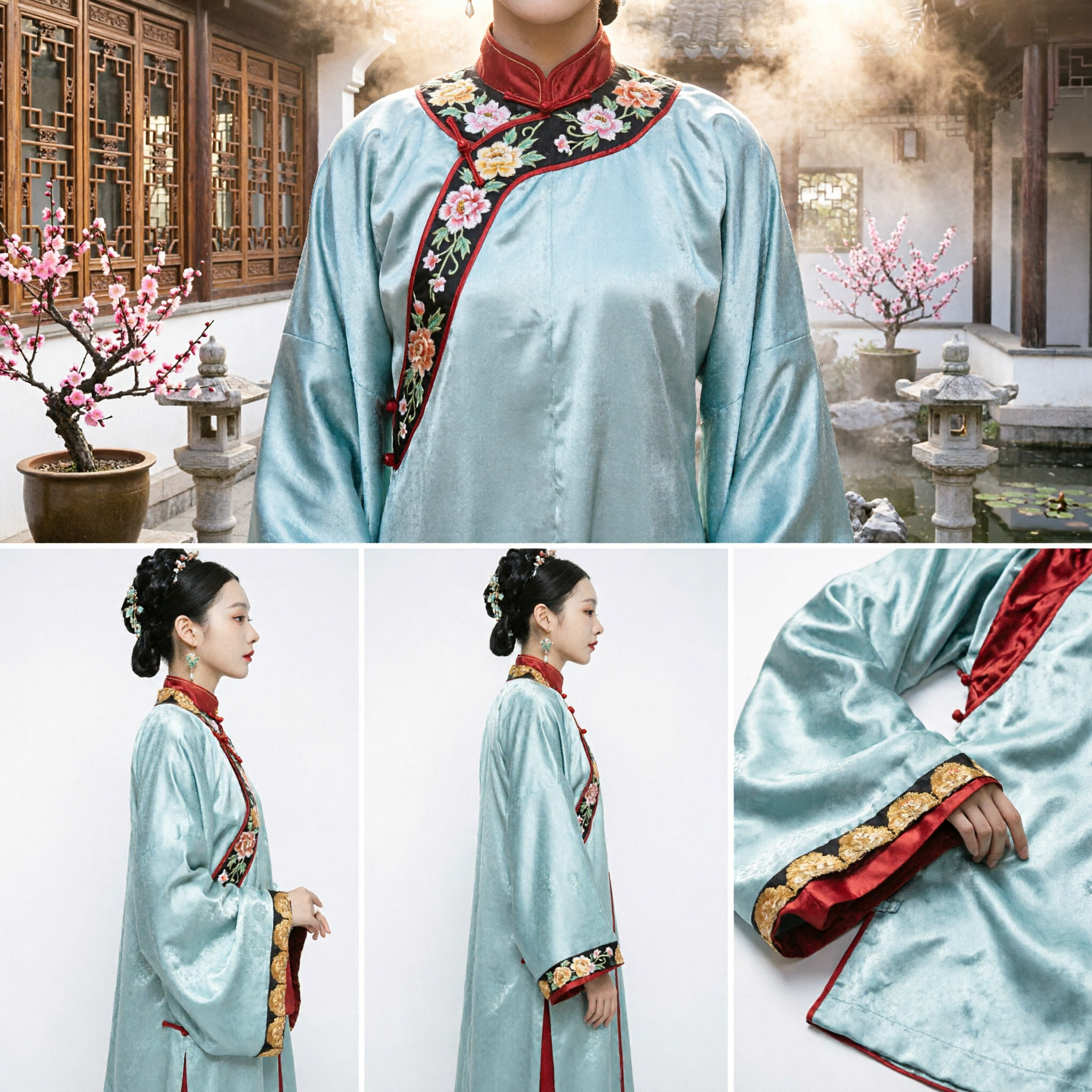 Elegant Traditional Chinese Hanfu Ming Dynasty Costume Ancient Blue Silk Robe for Women Cosplay Photography - Asian Costume