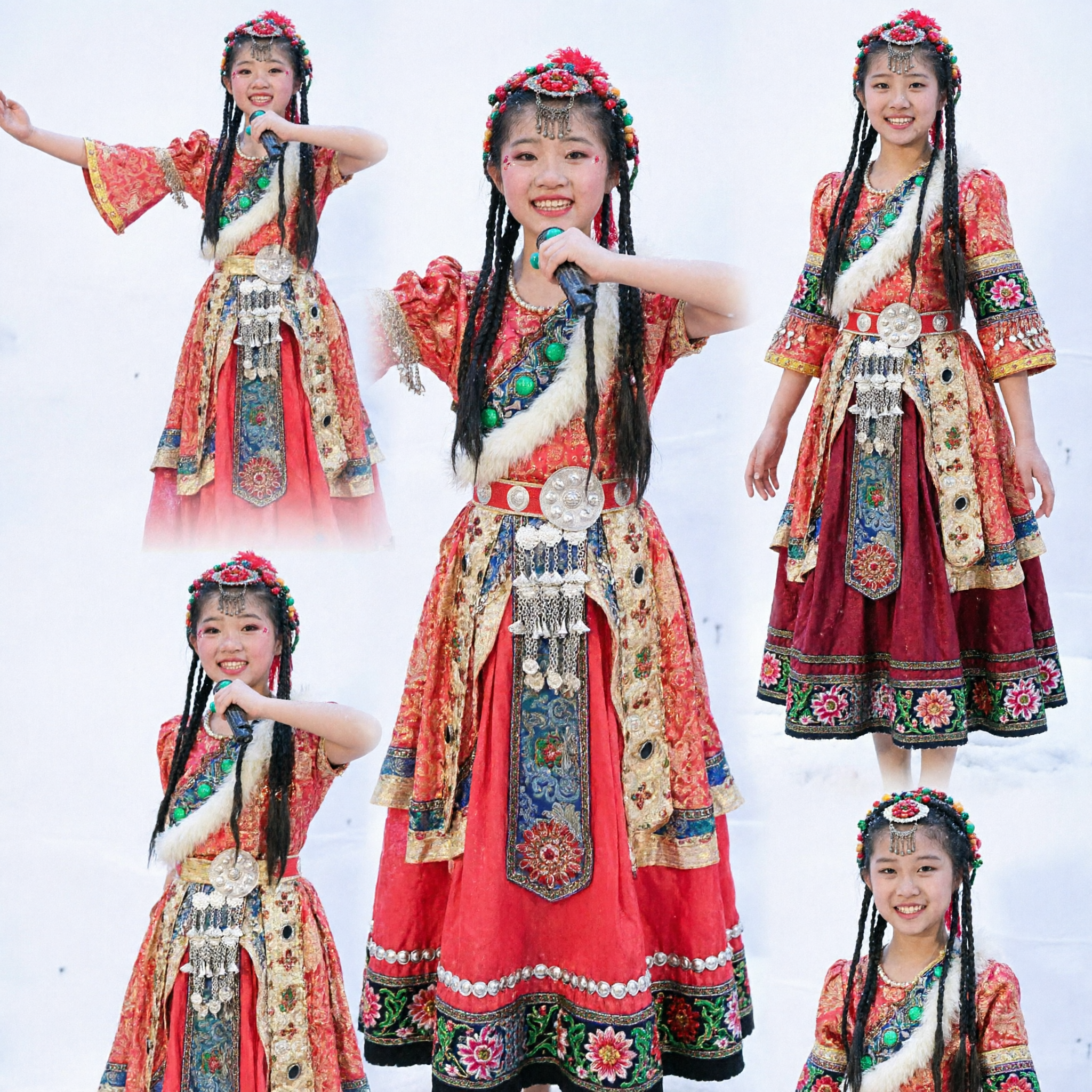 Traditional Chinese Ethnic Tibetan Folk Dance Costume for Girls Red Stage Performance Dress with Silver Accessories - Asian Costume