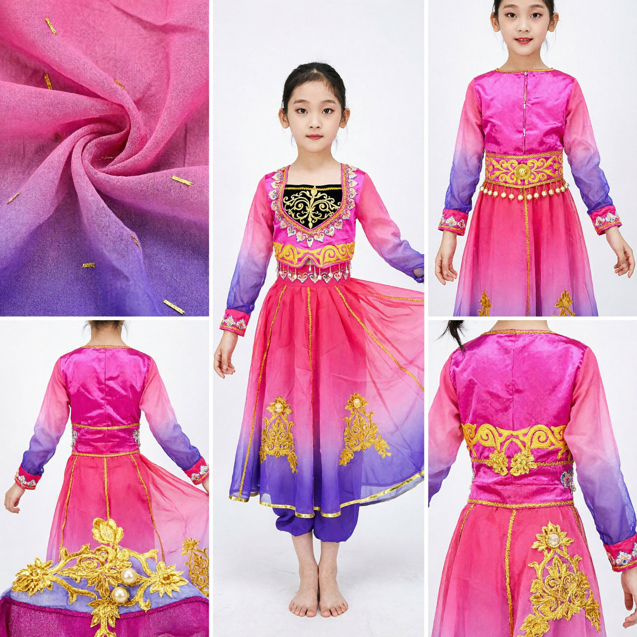 Kids Traditional Uyghur Dance Costume Girls Xinjiang Ethnic Folk Performance Dress Pink Purple Gradient Skirt - Asian Costume