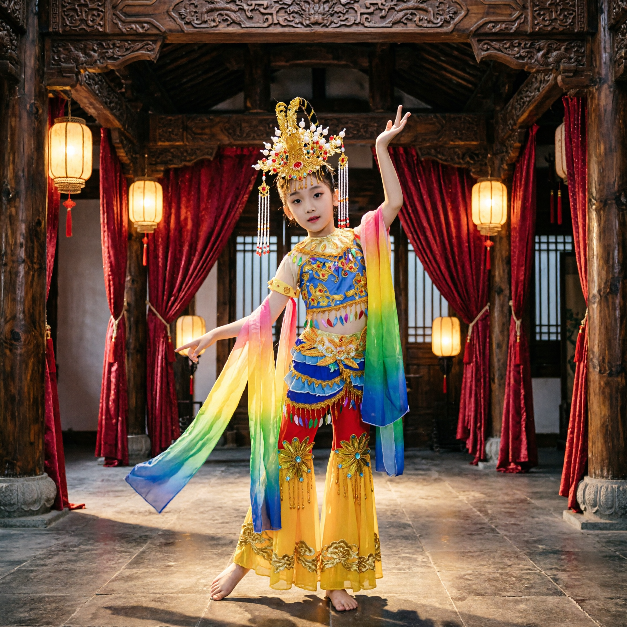 Kids Chinese Classical Dance Costume Girls Dunhuang Flying Apsara Stage Performance Traditional Yellow Outfit - Asian Costume