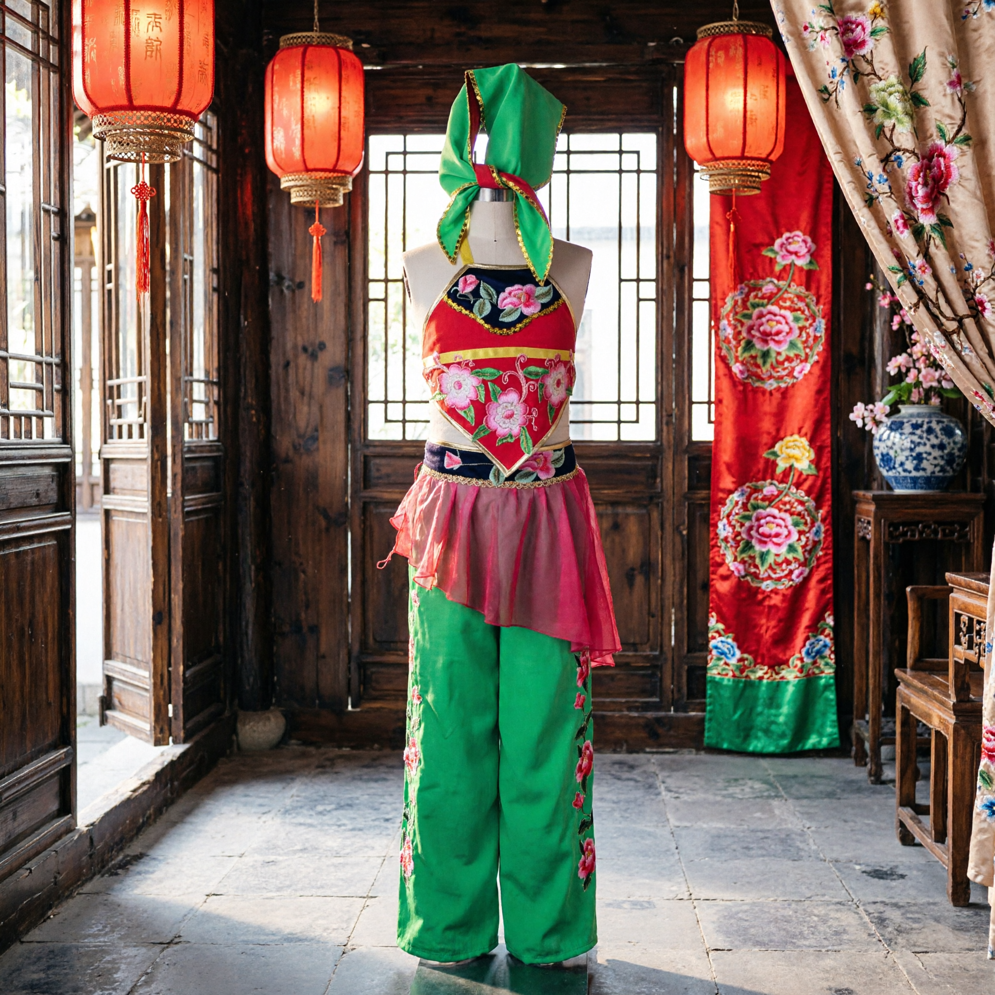 Traditional Chinese Folk Dance Costume Red Green Floral Embroidery Yangge Fan Dance Stage Performance Outfit for Women - Asian Costume