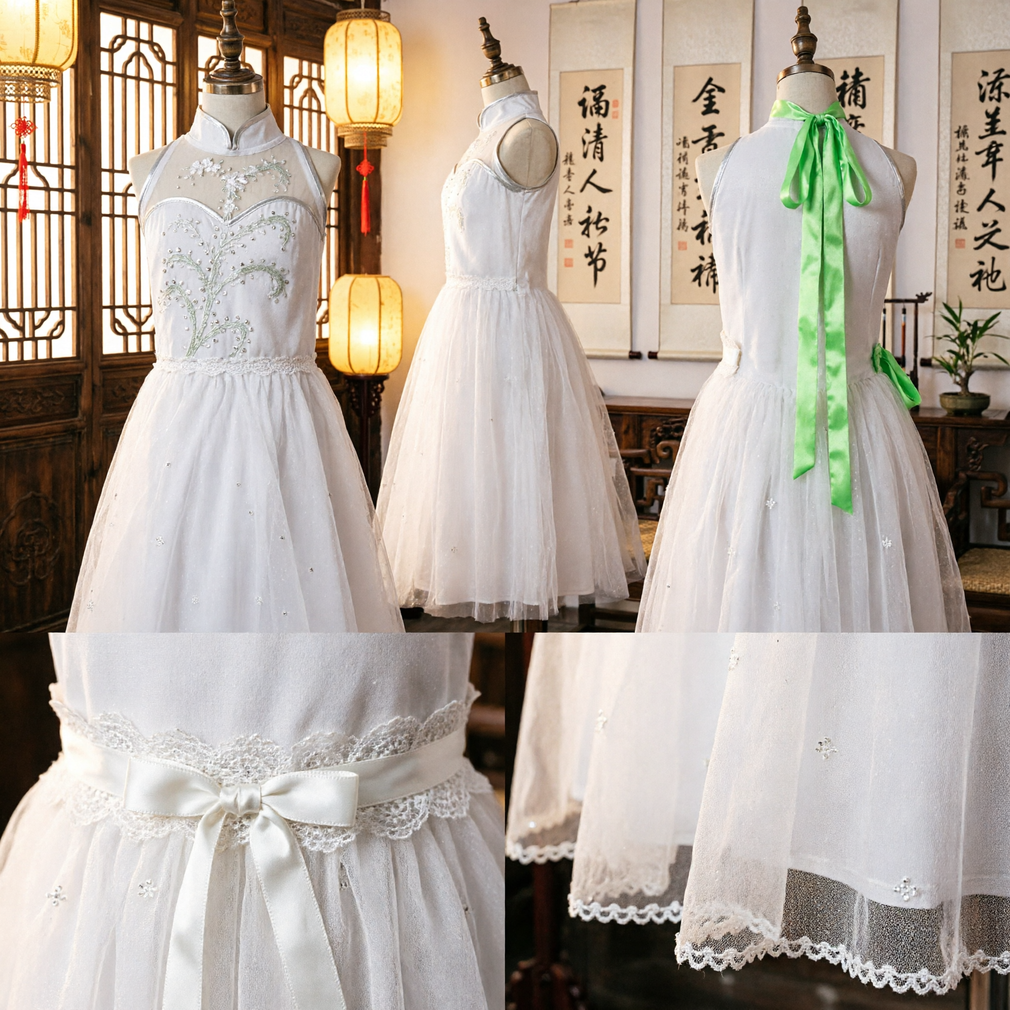 Elegant White Modern Cheongsam Dress with Lime Green Sash Beaded Bodice for Stage Performance Dance - Asian Costume