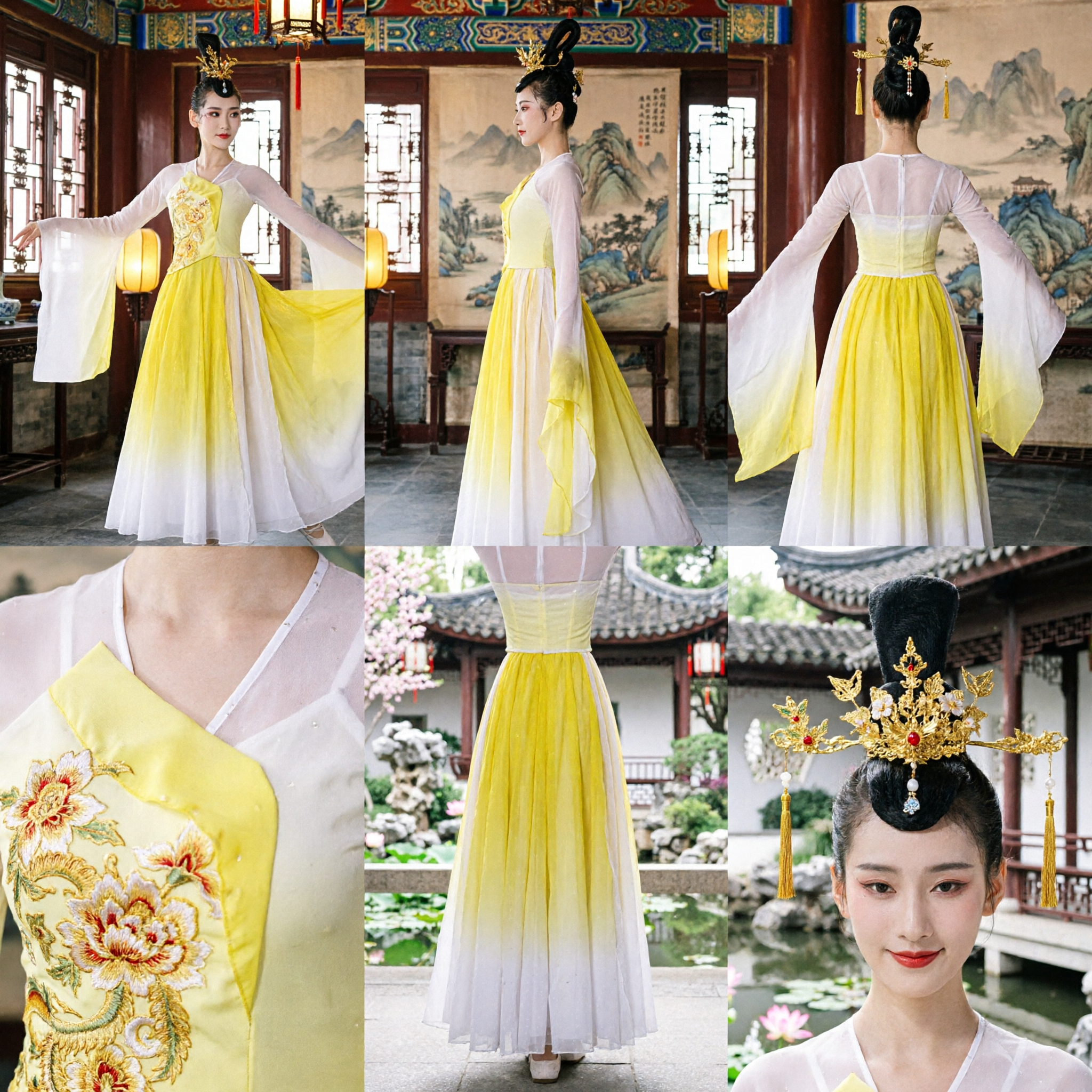 Women's Yellow Chinese Classical Dance Costume Dunhuang Style Flowing Skirt Performance Dress with Ribbon - Asian Costume