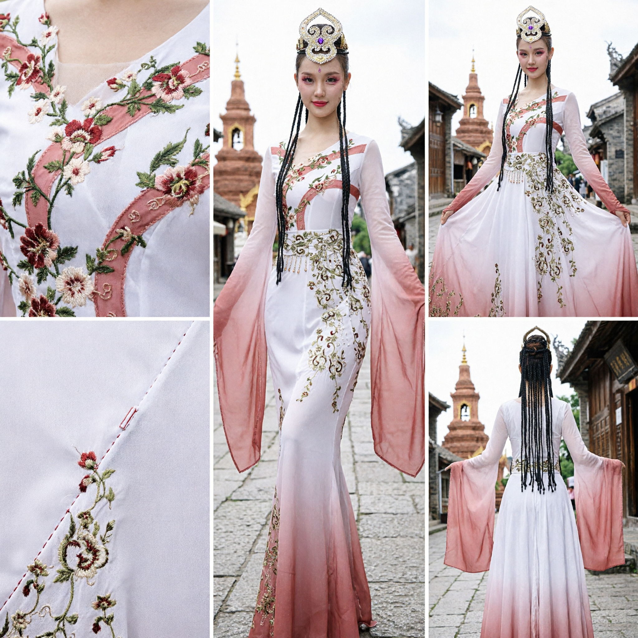 Traditional Chinese Classical Dance Costume Women Gradient Embroidered Water Sleeve Dress for Stage Performance - Asian Costume