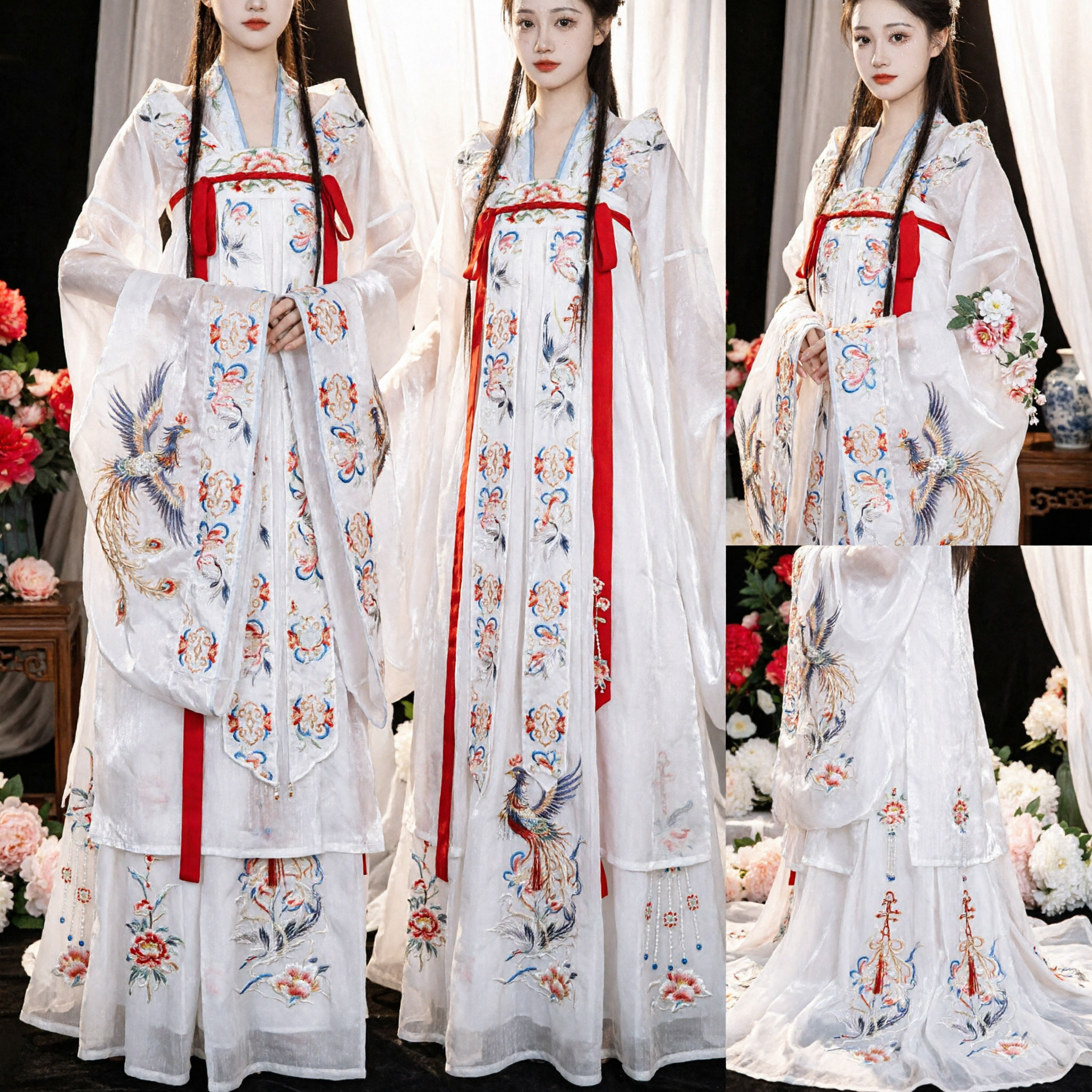 Chinese Traditional Hanfu Tang Dynasty Palace Princess Costume White Embroidered Wide Sleeve Dress for Women - Asian Costume