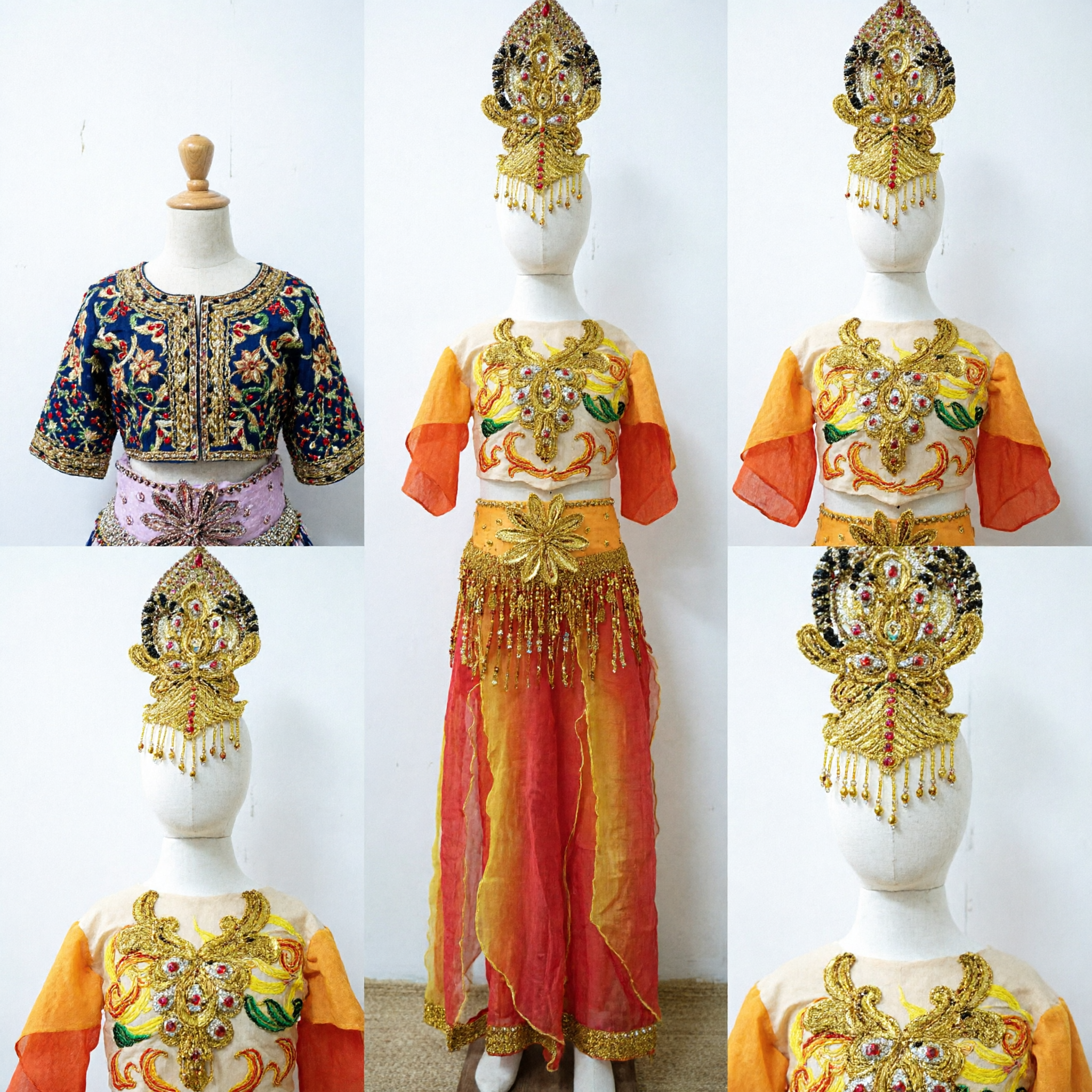 Kids Thai Traditional Dance Costume Complete Set with Golden Headpiece for Stage Performance and Festivals - Asian Costume
