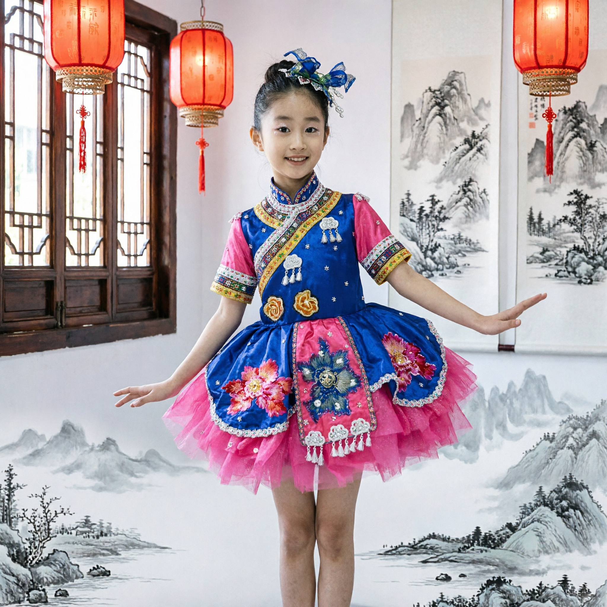 Kids Chinese Miao Ethnic Minority Dance Costume Traditional Blue and Pink Tutu Dress for Stage Performance - Asian Costume