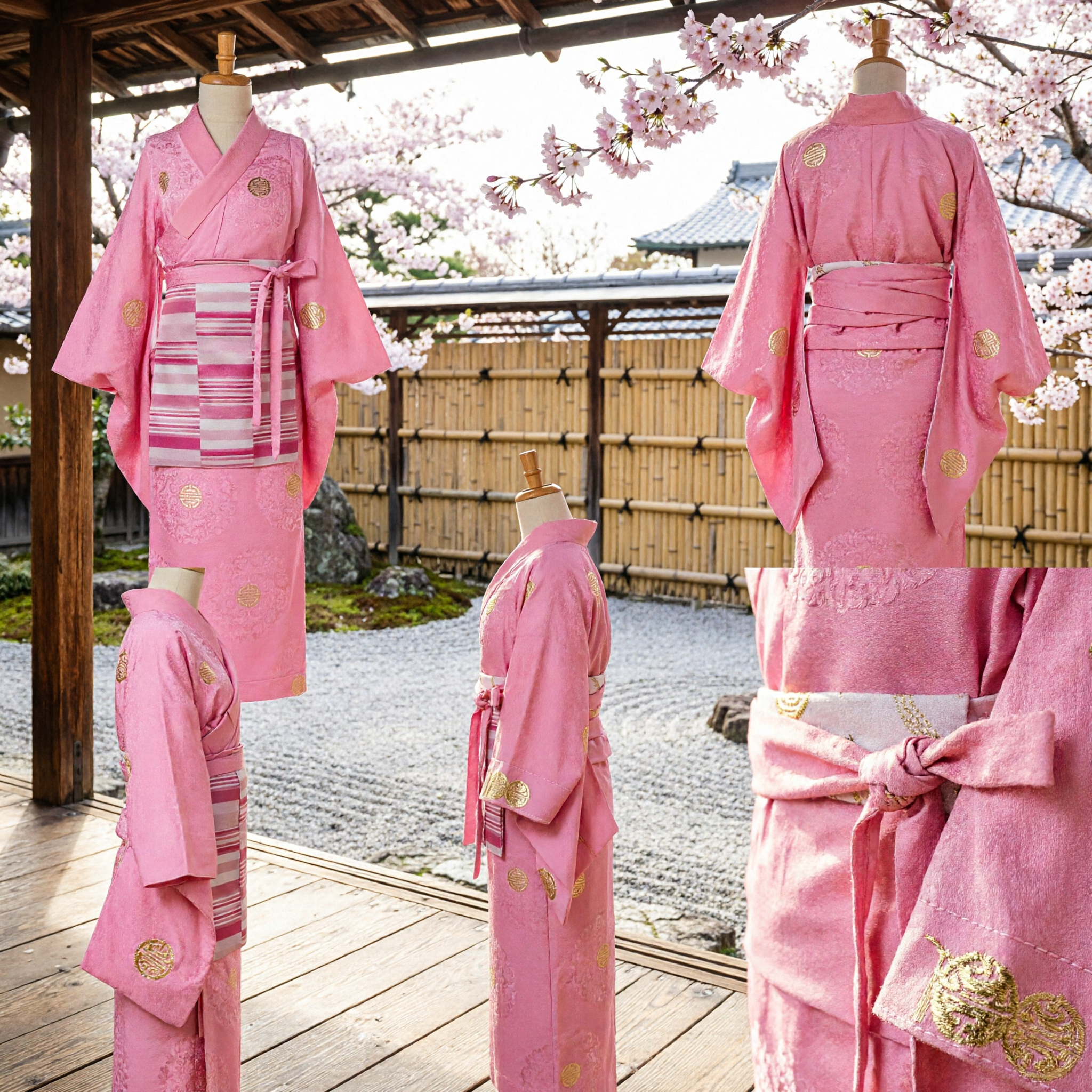 Pink Traditional Japanese Kimono Costume for Women with Striped Sash and Embroidery for Stage Performance - Asian Costume