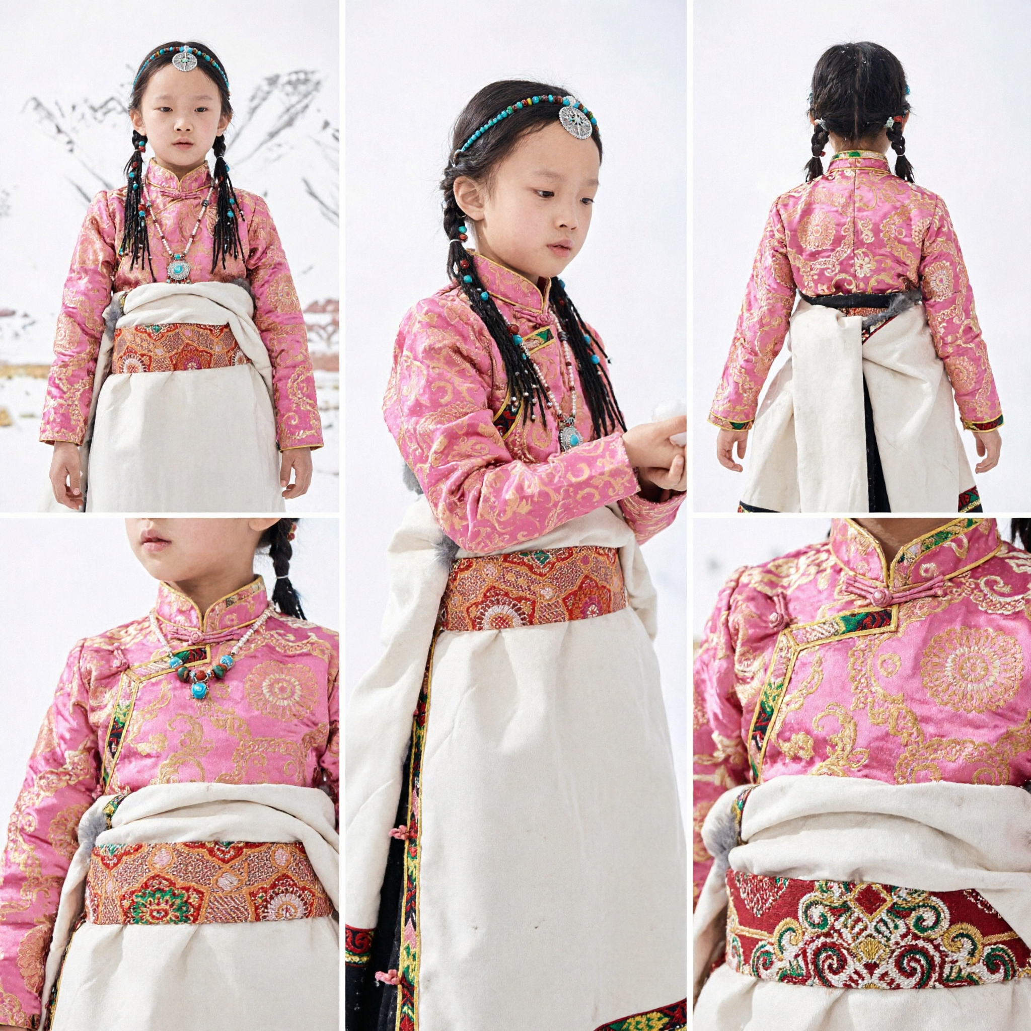 Chinese Traditional Tibetan Ethnic Costume for Girls Kids Pink Brocade Dress Festival Dance Performance - Asian Costume