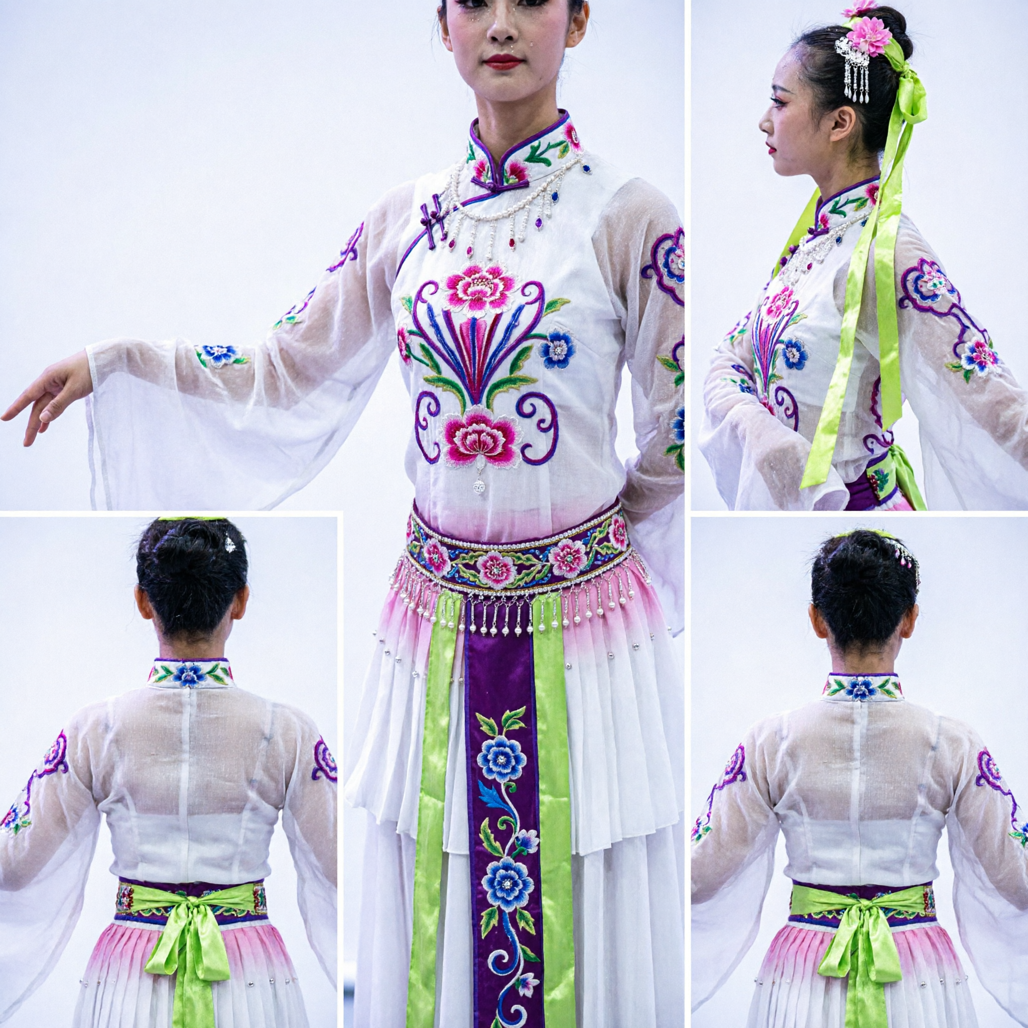 Women's Traditional Chinese Folk Dance Costume White Pink Lotus Flower Dress for Group Stage Performance - Asian Costume