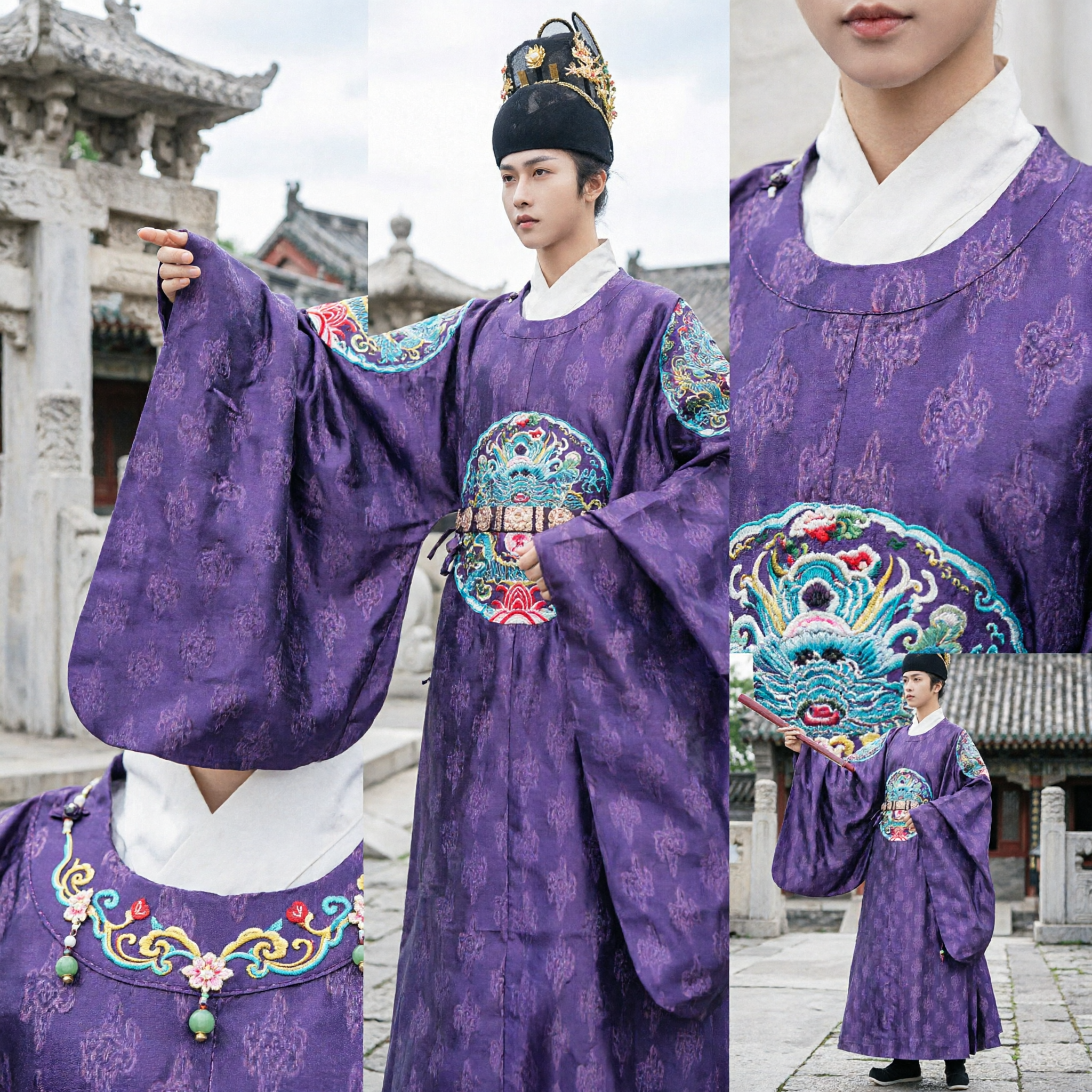 Ancient Chinese Ming Dynasty Purple Prince Hanfu Robe with Dragon Embroidery Men's Historical Cosplay Costume - Asian Costume