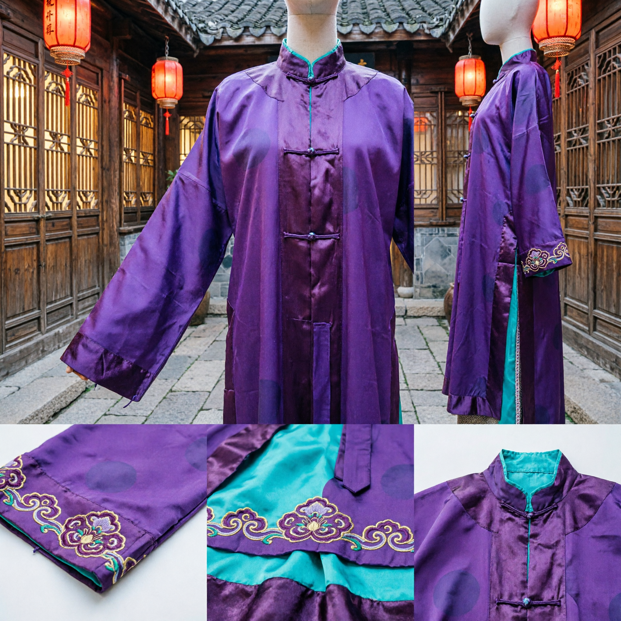 Men's Purple Traditional Chinese Silk Changshan Robe Tang Suit Costume for Kung Fu Tai Chi Performance - Asian Costume
