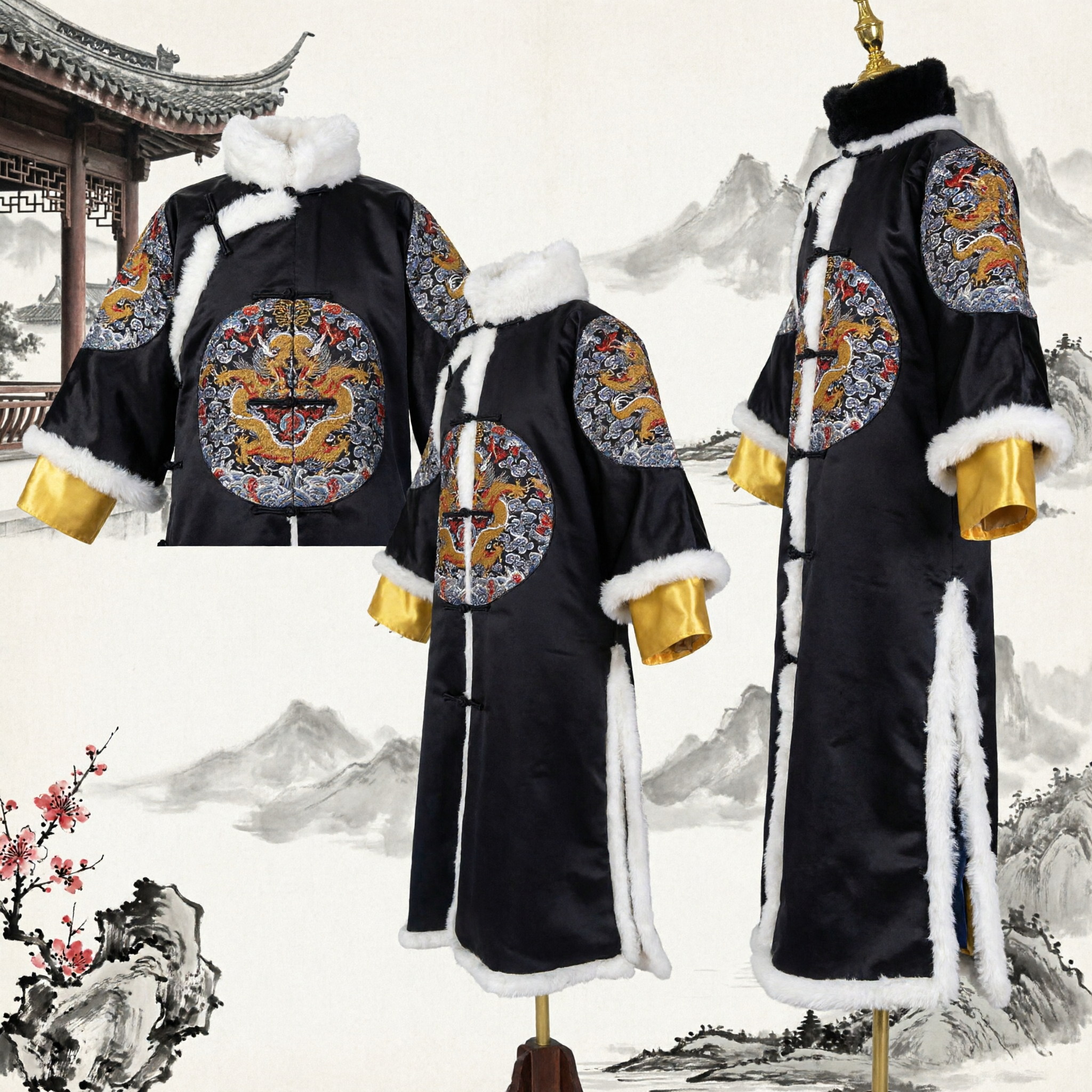 Traditional Chinese Qing Dynasty Black Dragon Robe Men's Winter Fur Trimmed Court Costume for Stage Performance - Asian Costume