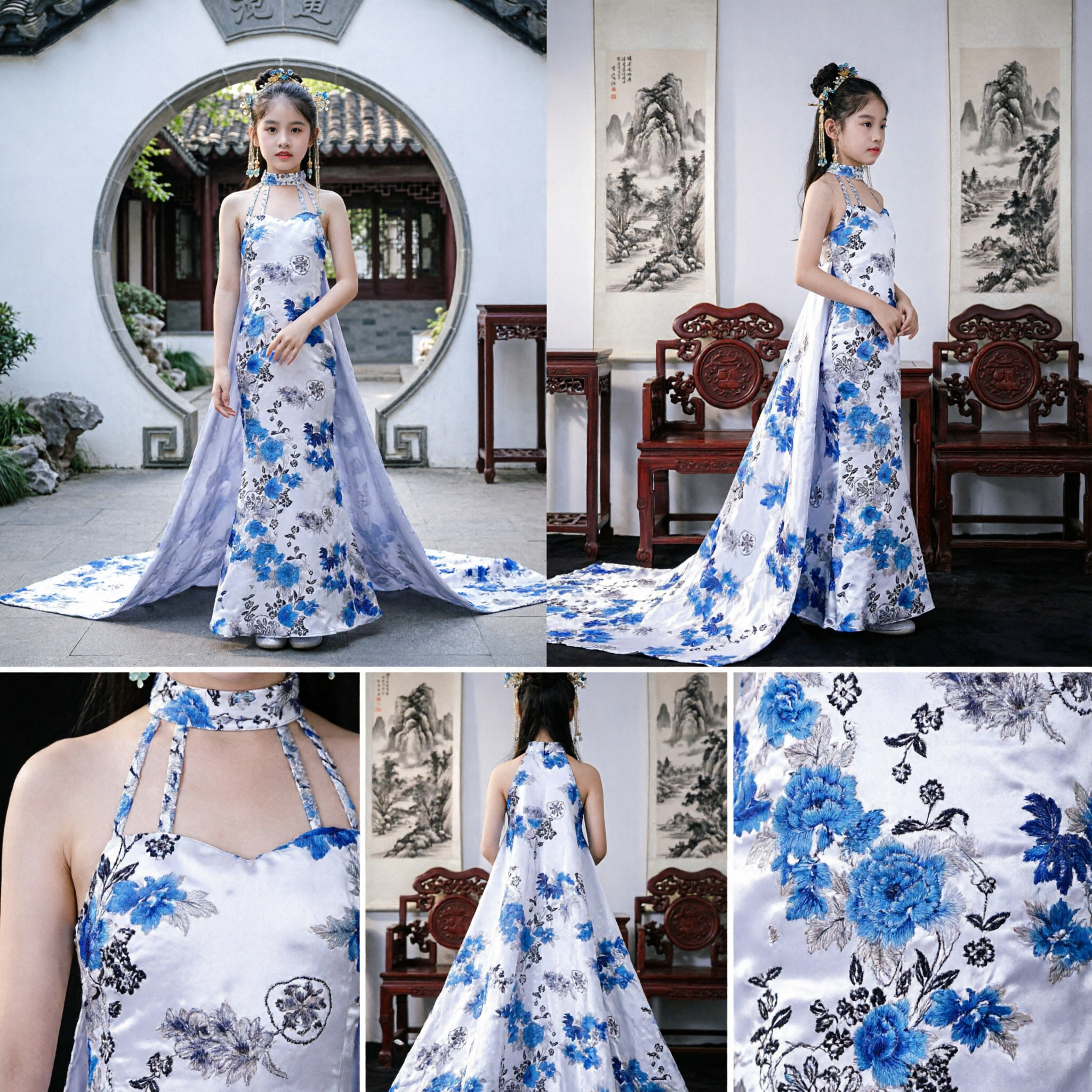 Traditional Chinese Blue and White Porcelain Cheongsam Evening Gown for Girls Stage Performance Host Dress with Cape - Asian Costume
