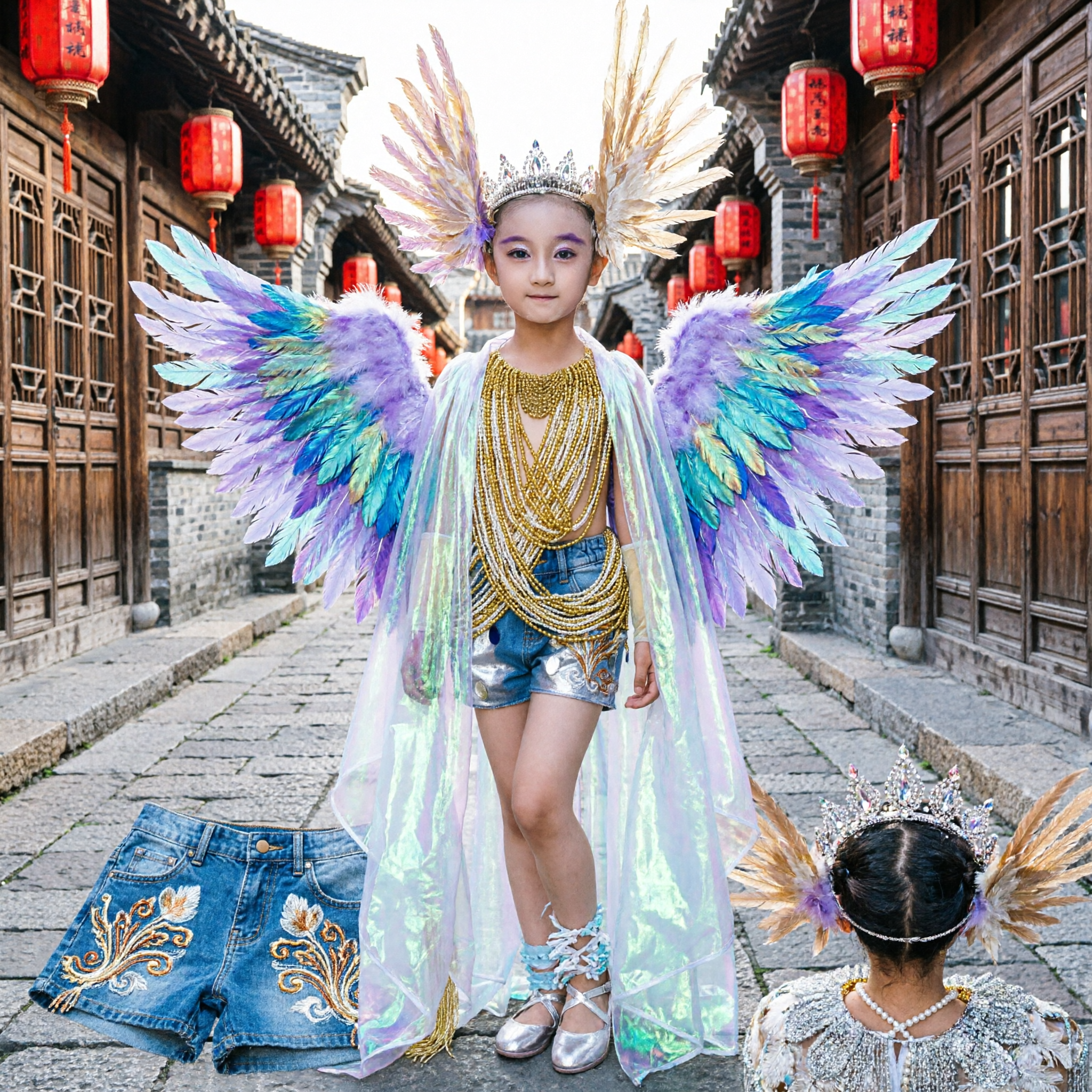 Kids Girls Angel Wings Costume Silver Gold Stage Performance Dance Outfit Fashion Show Ensemble - Asian Costume