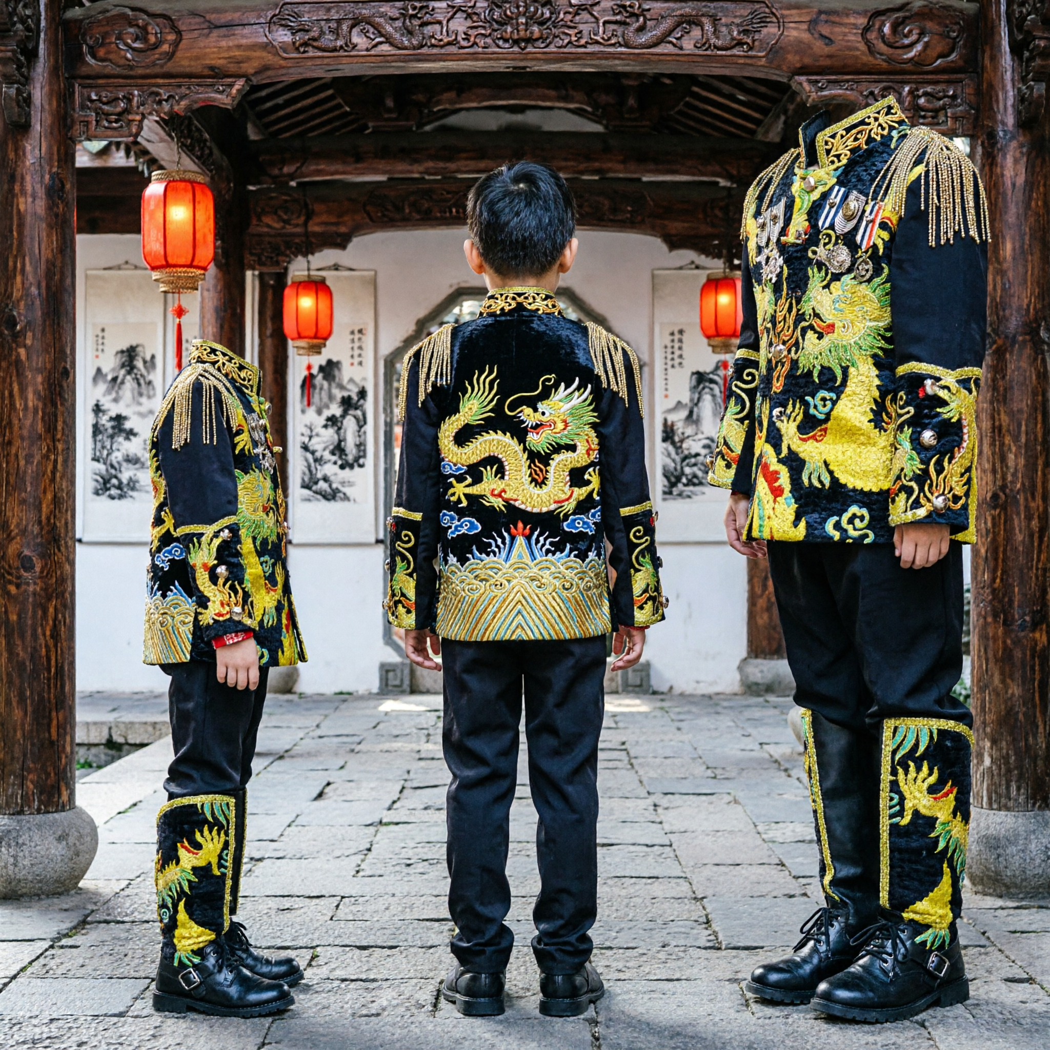 Boys Traditional Chinese Dragon Embroidery Tang Suit Black Gold Formal Costume for Kids Stage Performance - Asian Costume