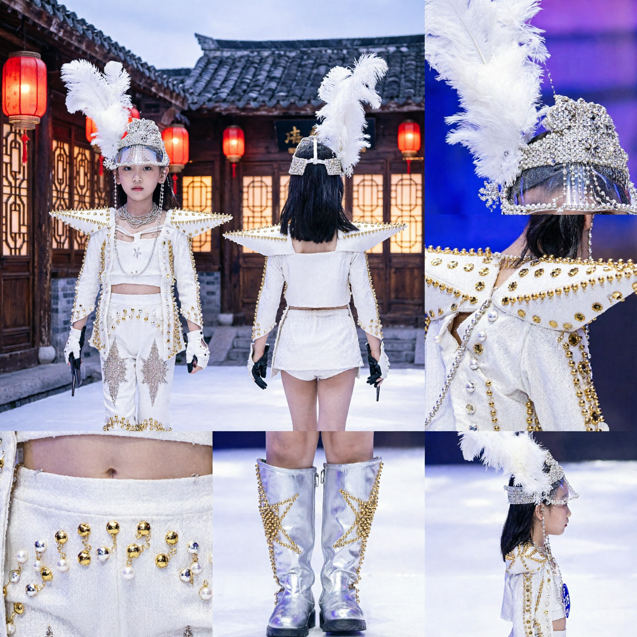 Children White Sequined Stage Outfit with Feather Headdress for Fashion Show and Talent Competition - Asian Costume