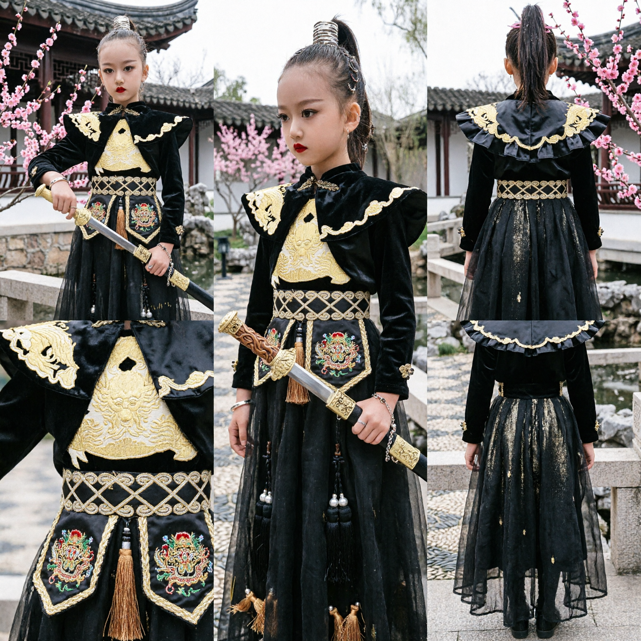 Ancient Chinese Black Warrior General Costume for Girls Traditional Embroidered Swordswoman Hanfu Halloween Cosplay Outfit - Asian Costume