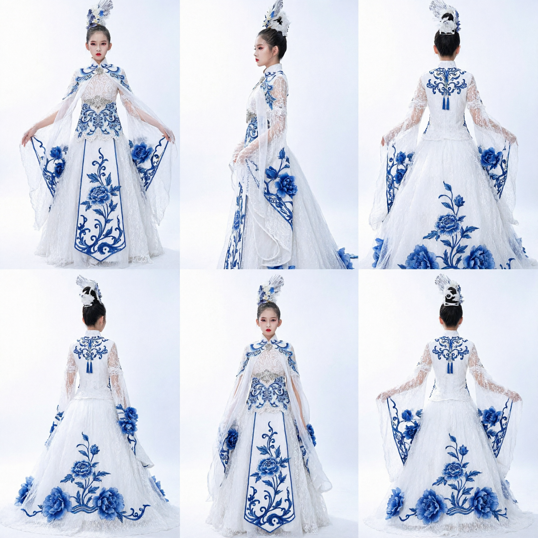Kids Blue and White Porcelain Stage Costume Traditional Chinese Ballgown for Girls Dance Performance Dress - Asian Costume