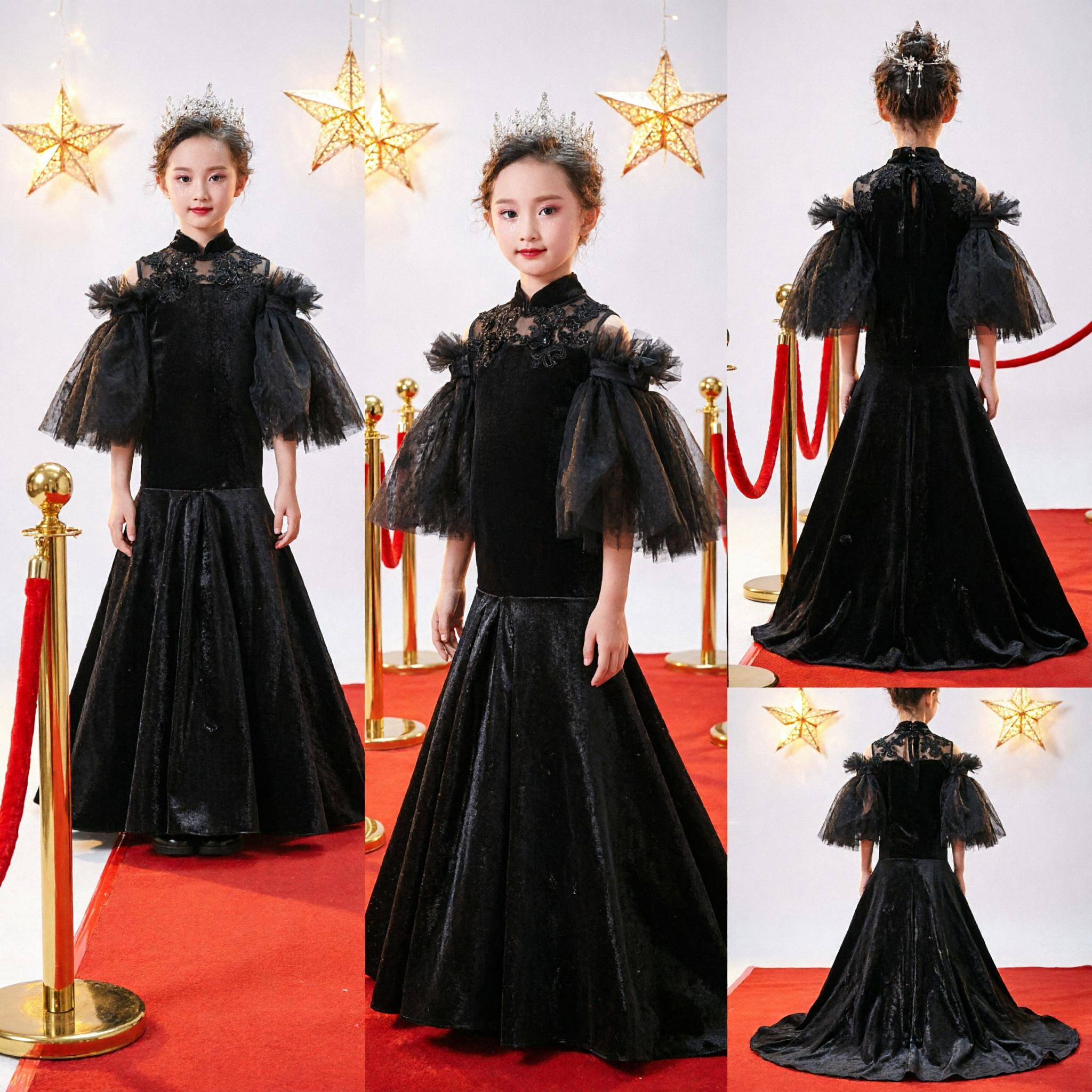 Elegant Black Formal Evening Gown for Girls Kids Pageant Dress with Lace High Neck and Puffy Sleeves - Asian Costume