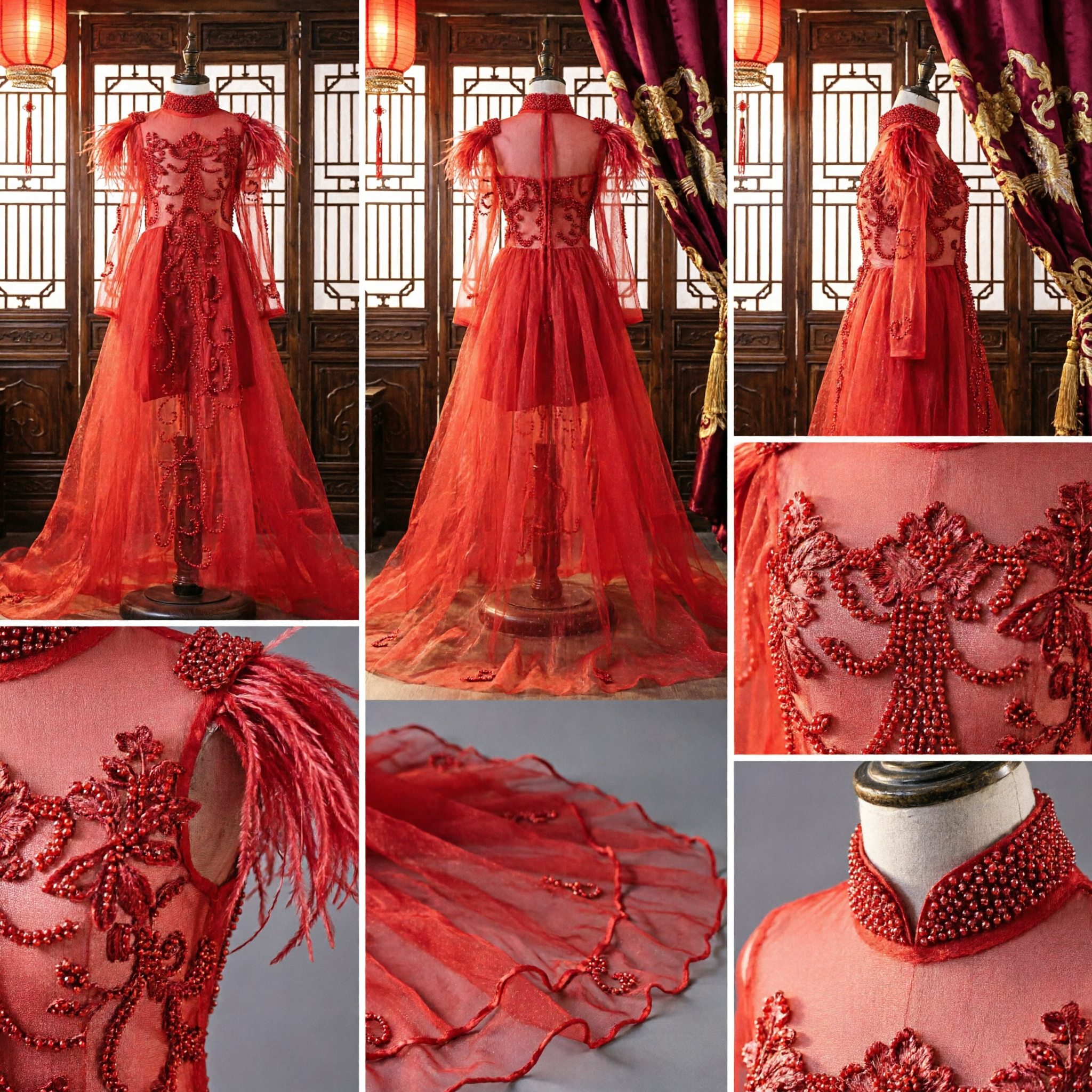 Elegant Red Stage Performance Dance Gown with Feather Shoulders and Beaded Details for Girls - Asian Costume
