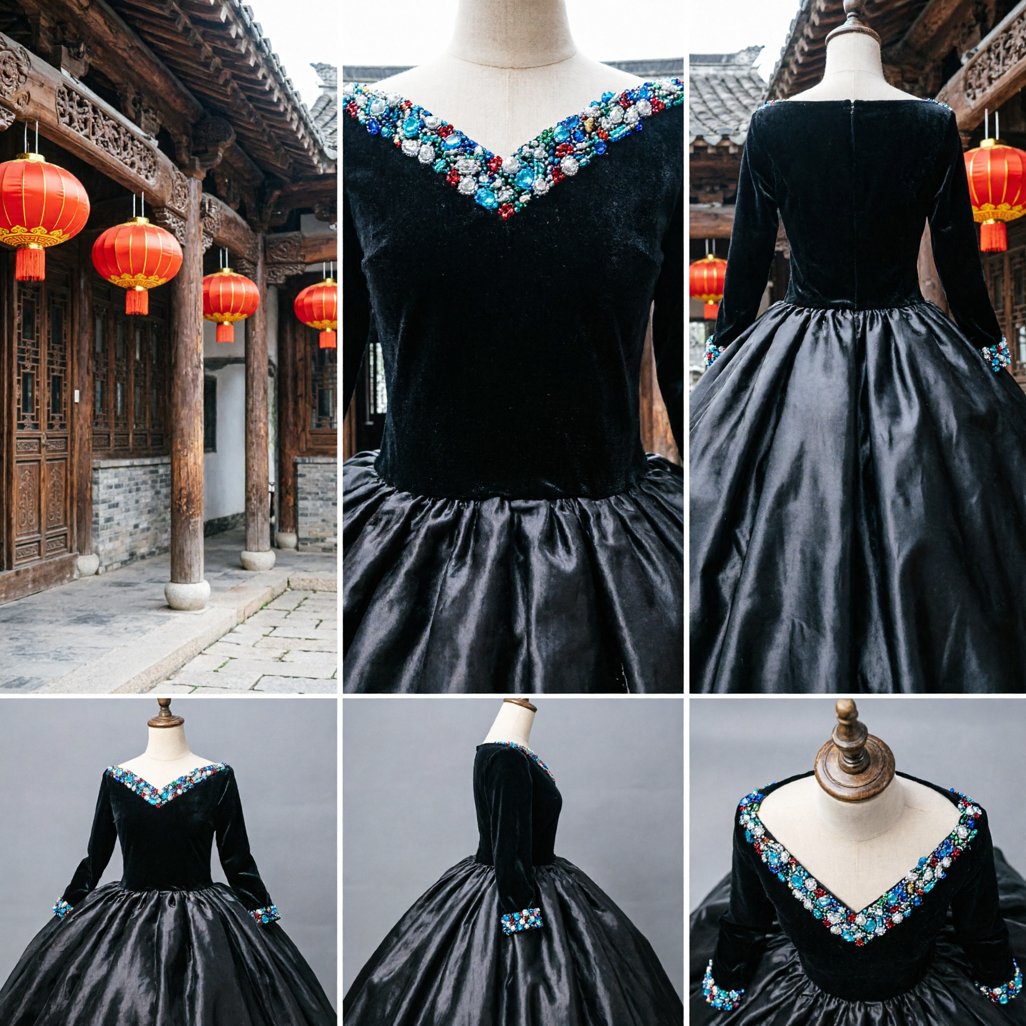 Women's Black Velvet Victorian Ballgown with Colorful Floral Embroidery Long Sleeve Renaissance Costume for Masquerade - Asian Costume