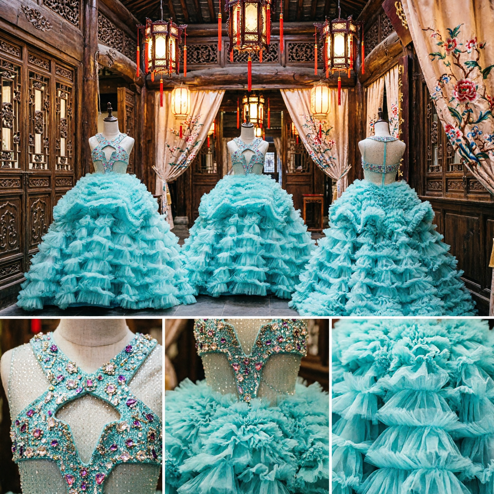 Aqua Blue Tiered Ruffle Ball Gown with Sequined Halter Bodice for Wedding Prom and Pageant - Asian Costume