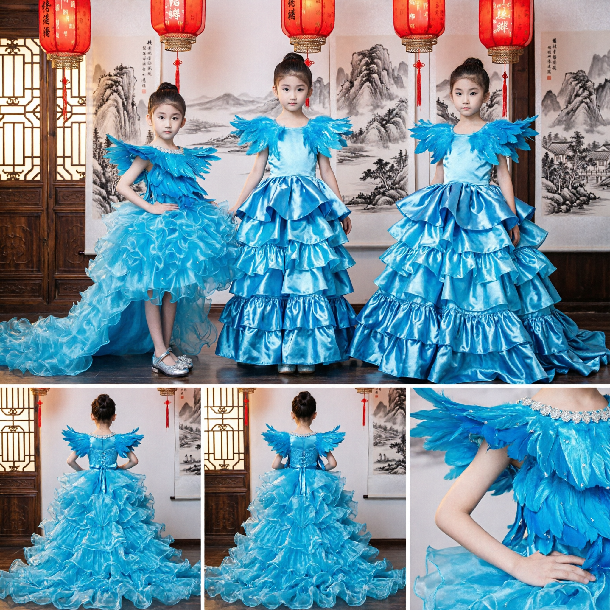 Kids Blue Feather Stage Performance Dress Girls Ruffle Skirt Choir Host Evening Gown Costume - Asian Costume