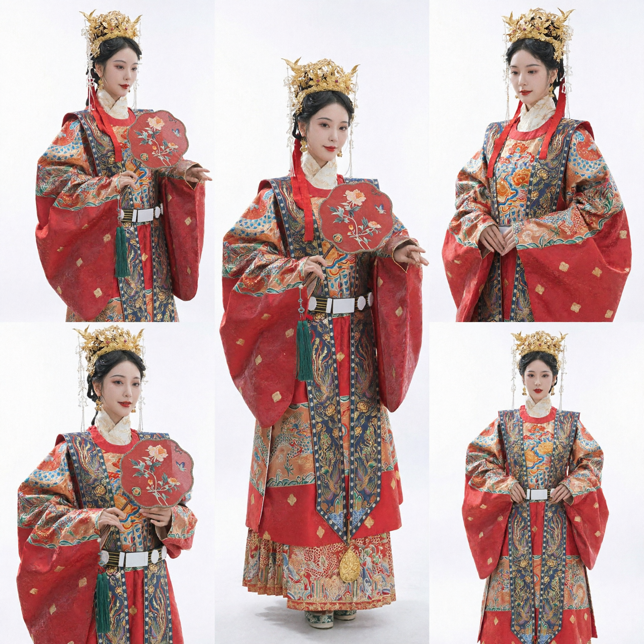 Exquisite Ming Dynasty Style Chinese Wedding Hanfu Red Embroidered Robe with Golden Phoenix Crown Set - Asian Costume