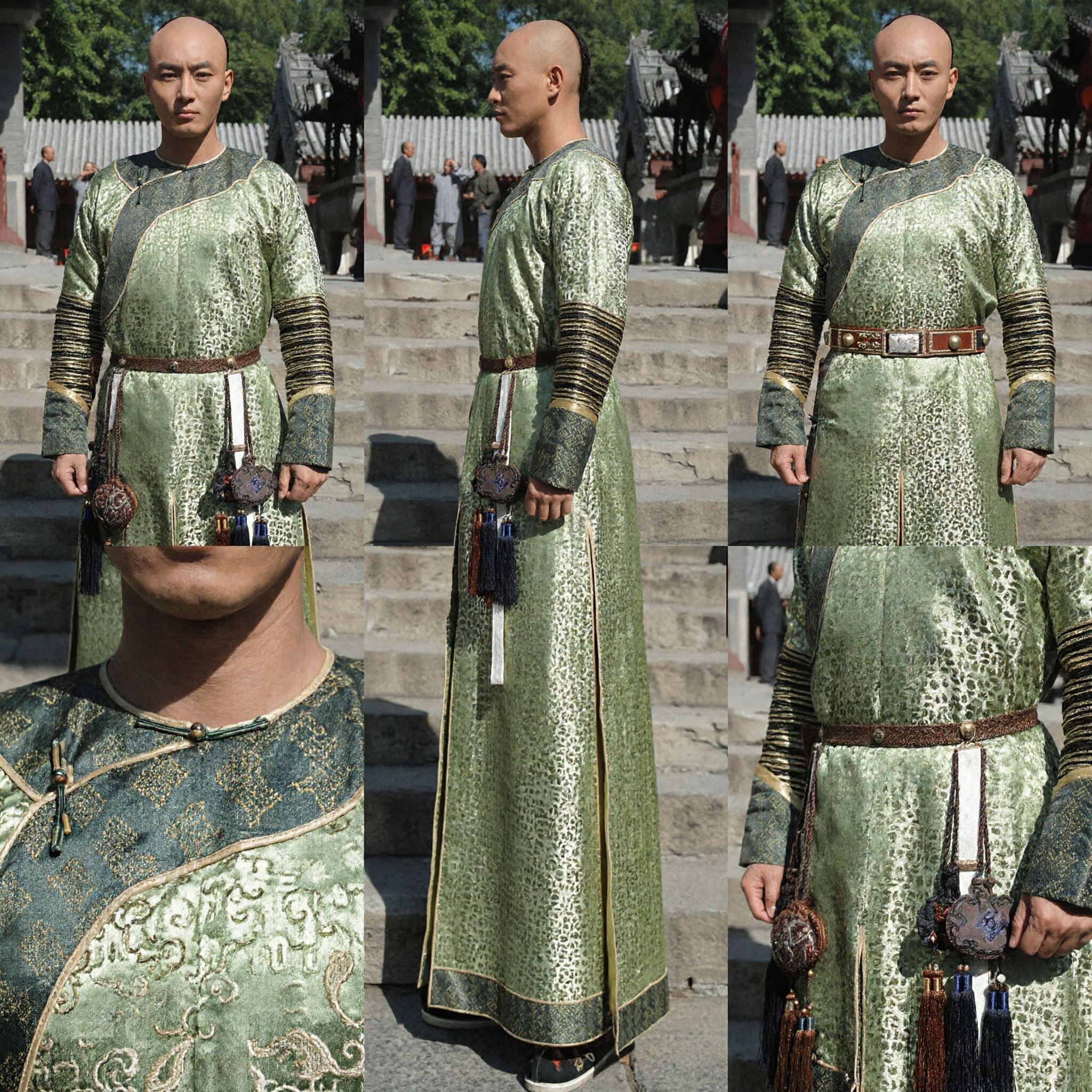 Traditional Qing Dynasty Manchu Prince Robe Green Patterned Changpao Historical Cosplay Costume for Men - Asian Costume