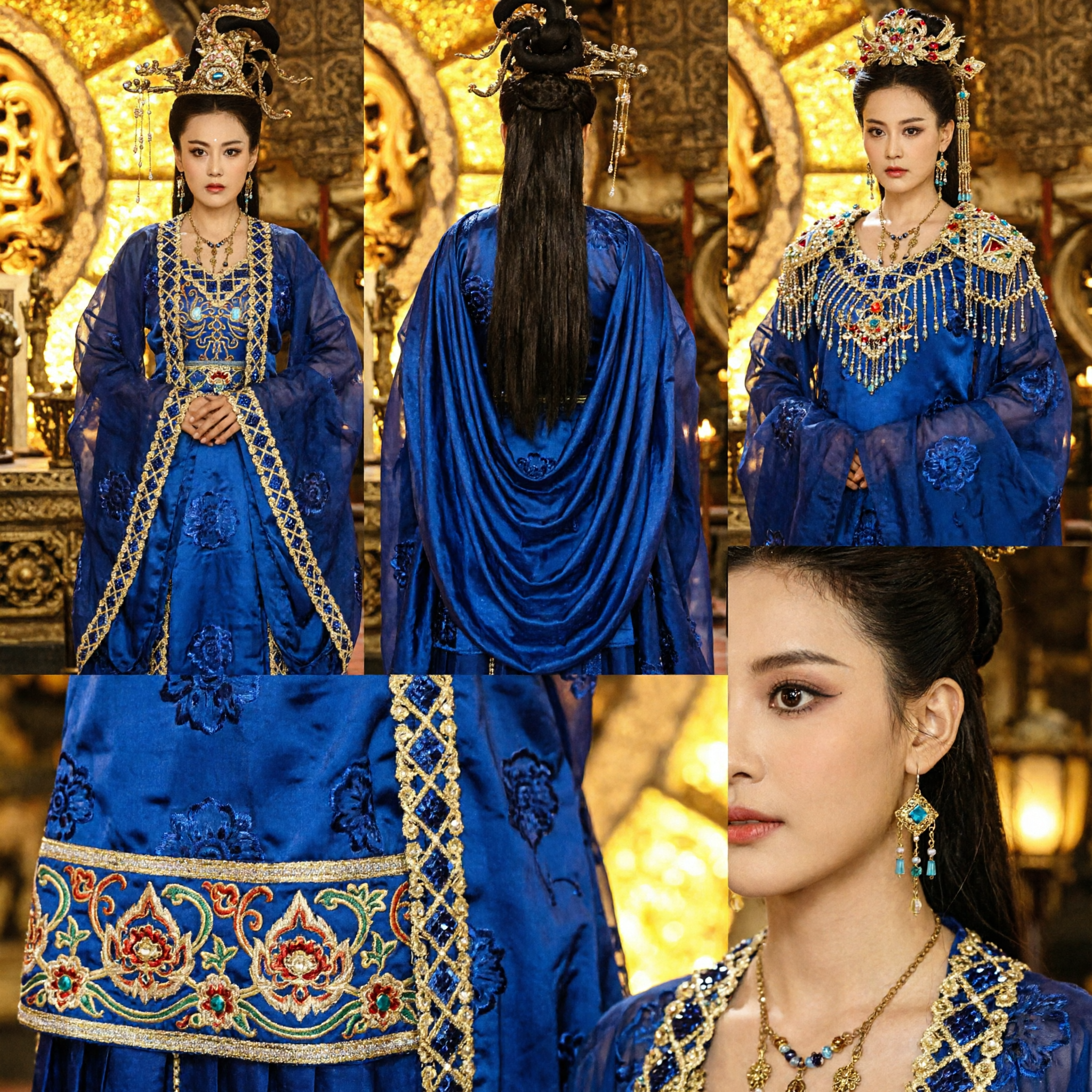 Traditional Chinese Ancient Empress Blue Hanfu Costume Set with Elaborate Gold Phoenix Crown Headdress for Women Cosplay - Asian Costume
