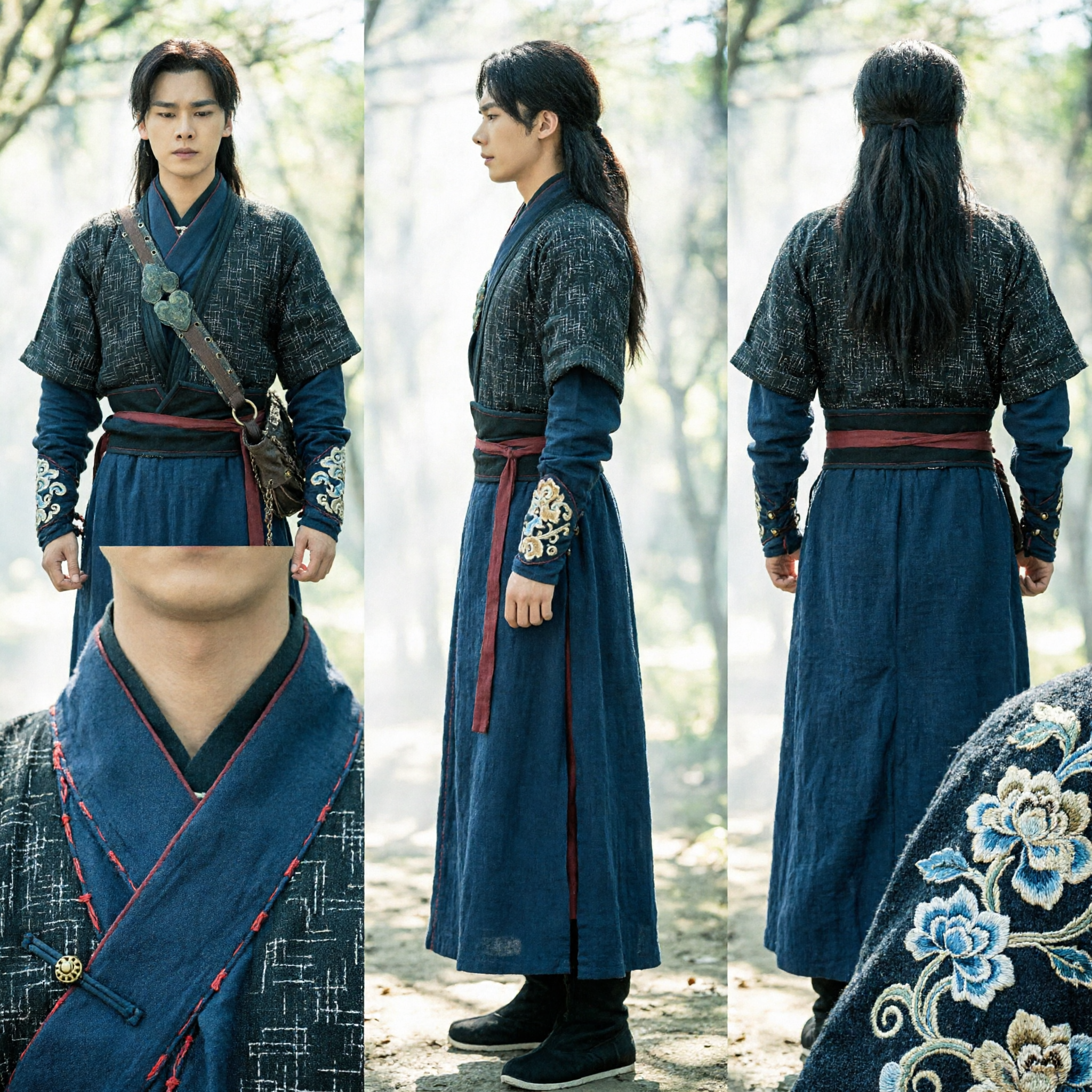 Ancient Chinese Warrior Costume Men's Dark Blue Checkered Hanfu Archer Outfit for Cosplay - Asian Costume