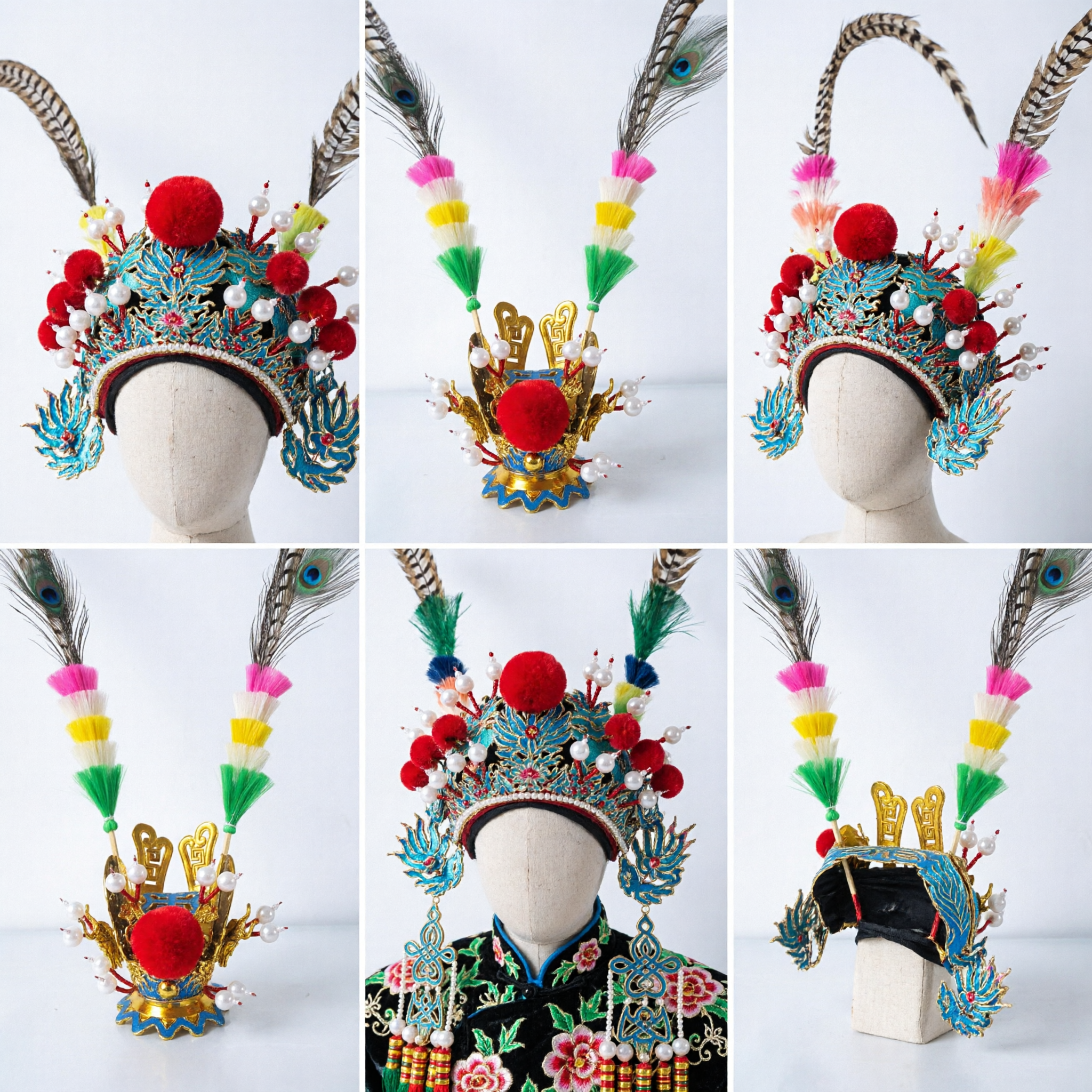 Traditional Chinese Peking Opera General Helmet Headpiece with Long Pheasant Feathers for Stage Performance Costume - Asian Costume