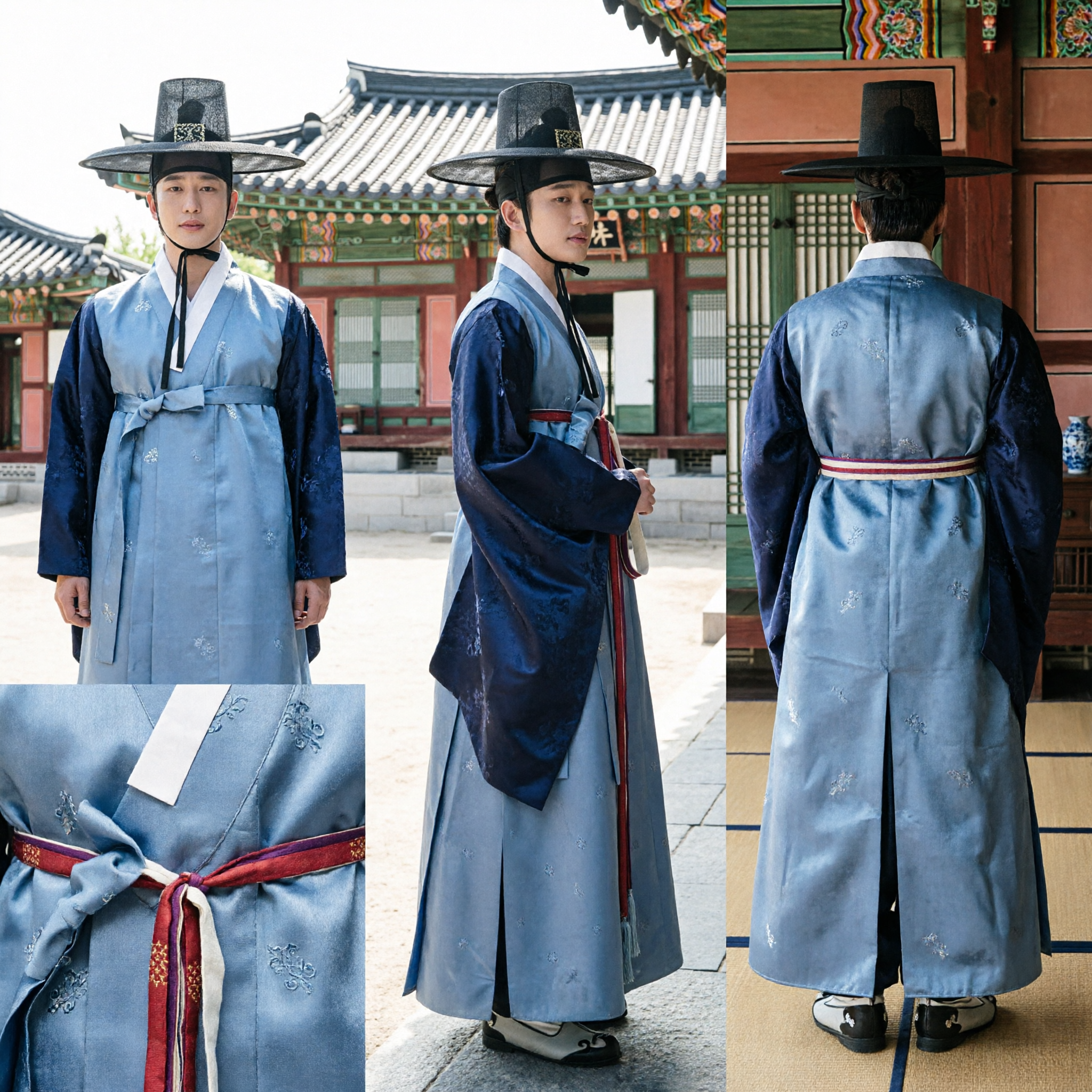 Traditional Korean Men's Hanbok Costume Blue Scholar Robe and Gat Hat for Historical Cosplay and Events - Asian Costume